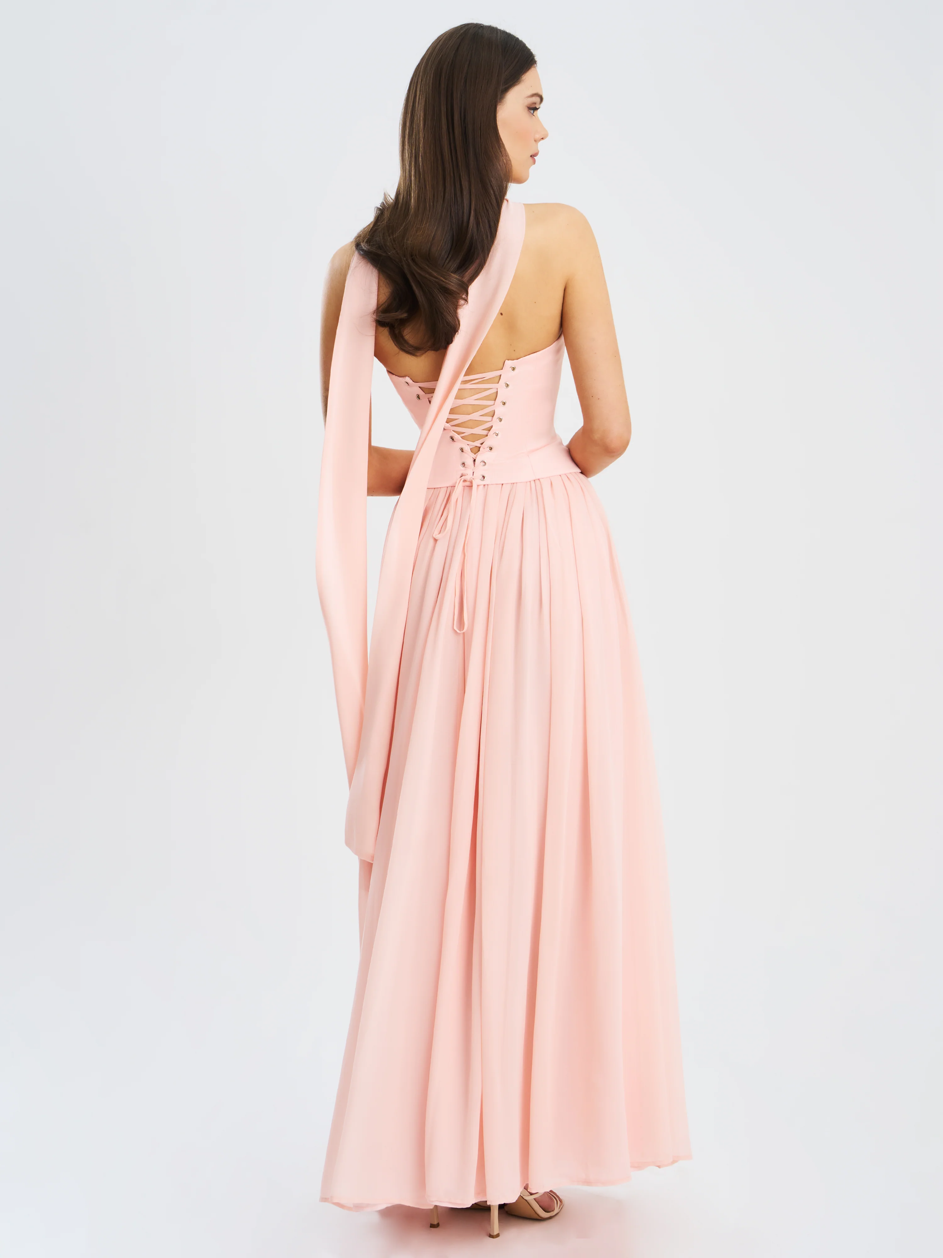 Qianna Baby Pink Peplum Top Drop Waist Chiffon Gown