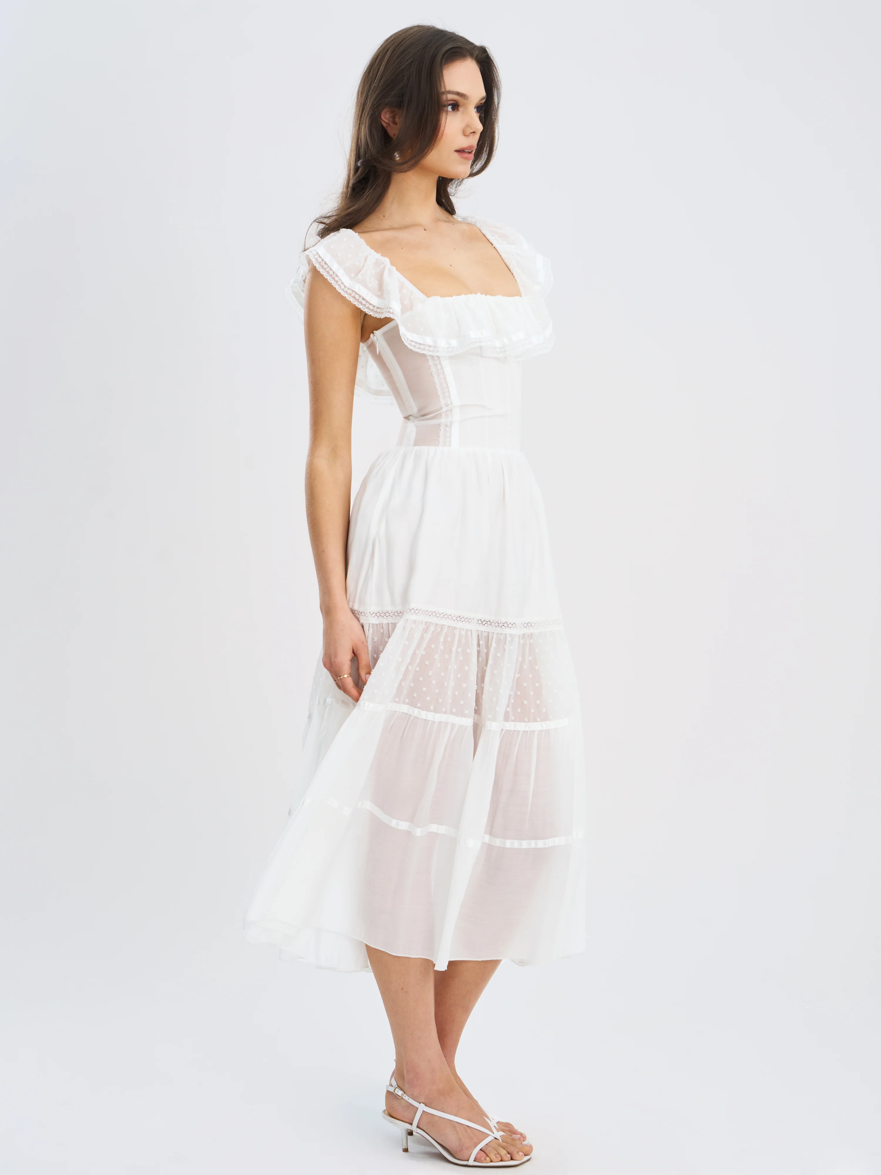 Eden Square Neck Ruffle Trim High Waist Midi Dress