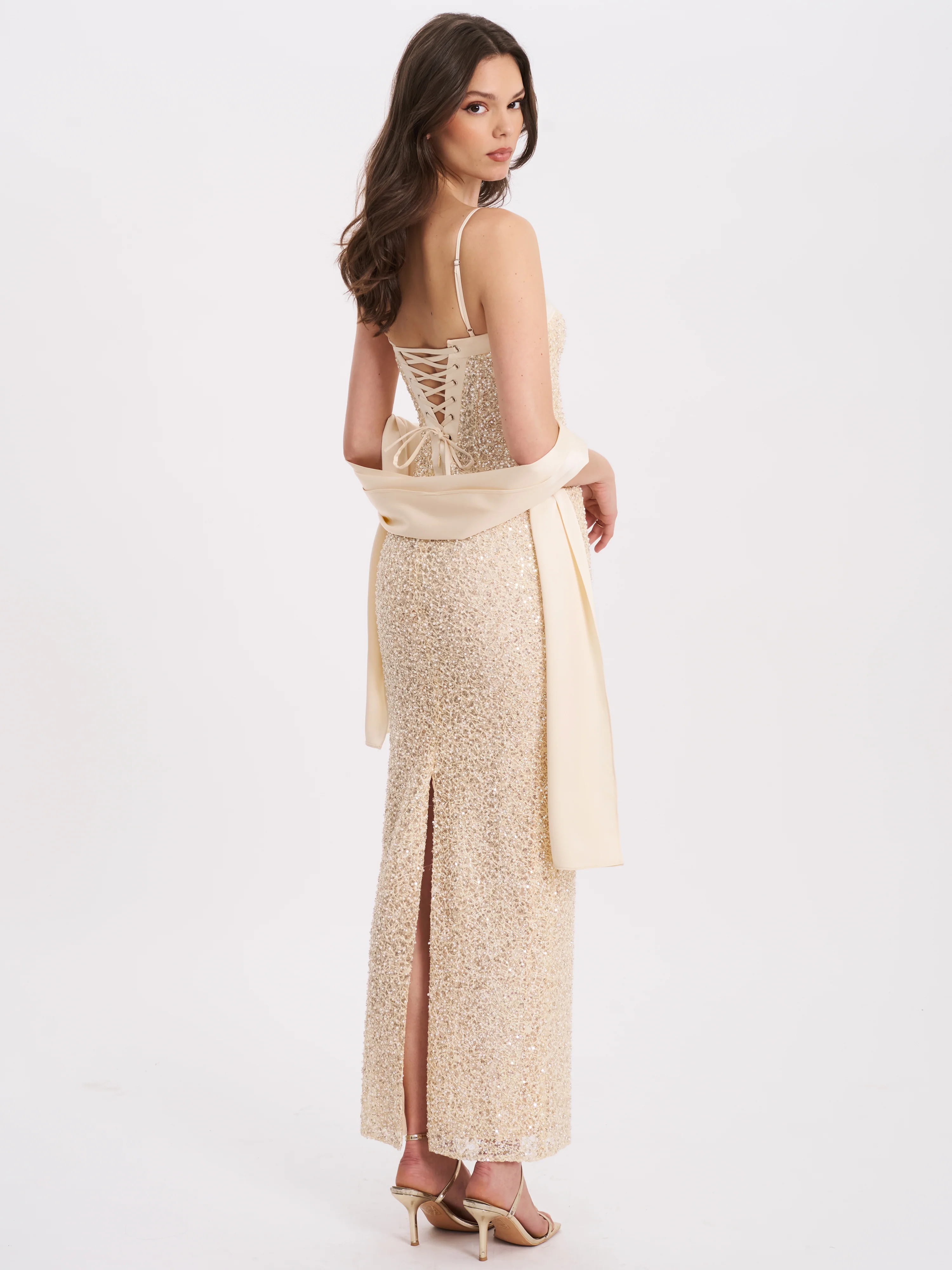 Raizel Gold Beaded Sequin Bodycon Gown with Scarf