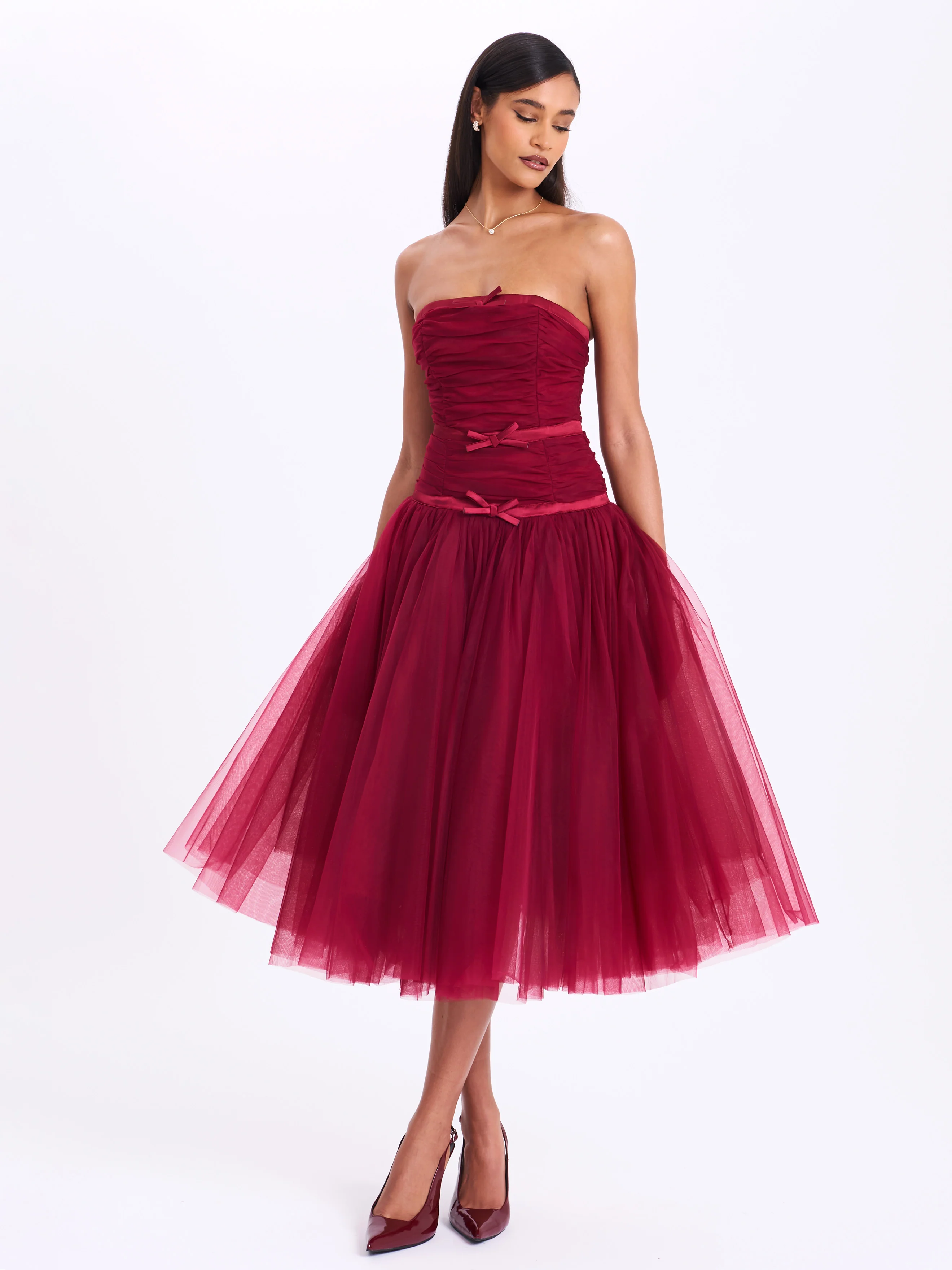 Mabel Burgundy Drop Waist Layered Mesh Midi Puffy Dress with Bow