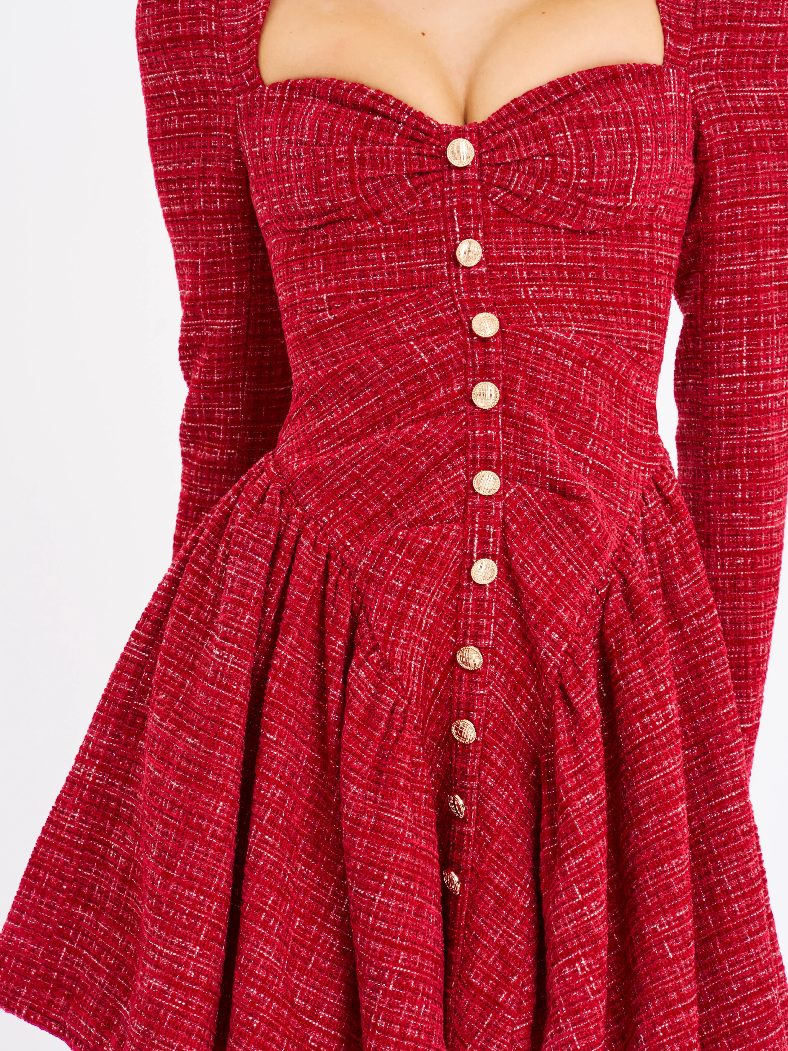 Tae Red Tweed Long Sleeve Drop Waist Mini Dress