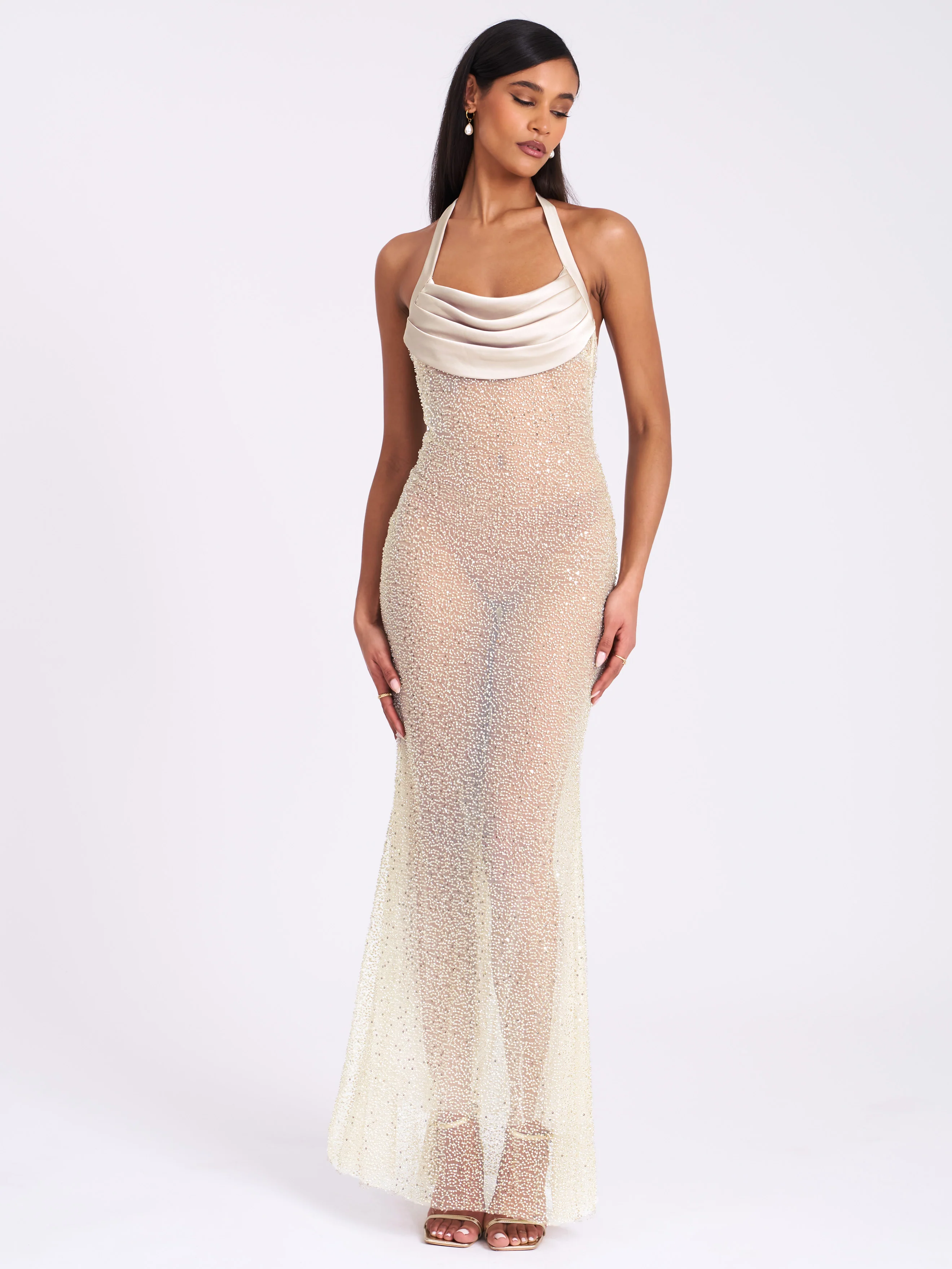 Zahya Lime Halter Backless Beaded Mesh Gown
