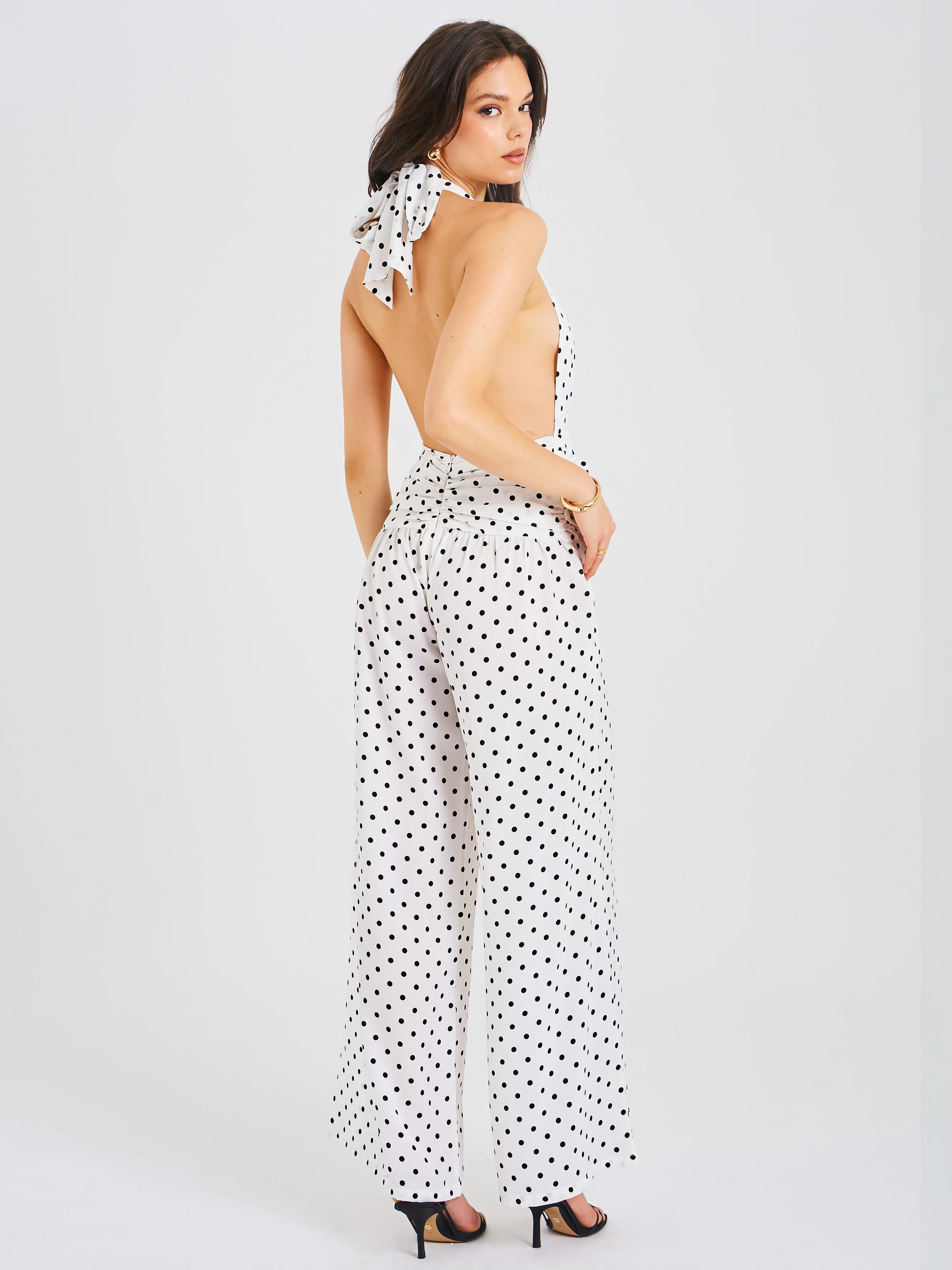 Oriana White Polka Dots Halter Jumpsuit