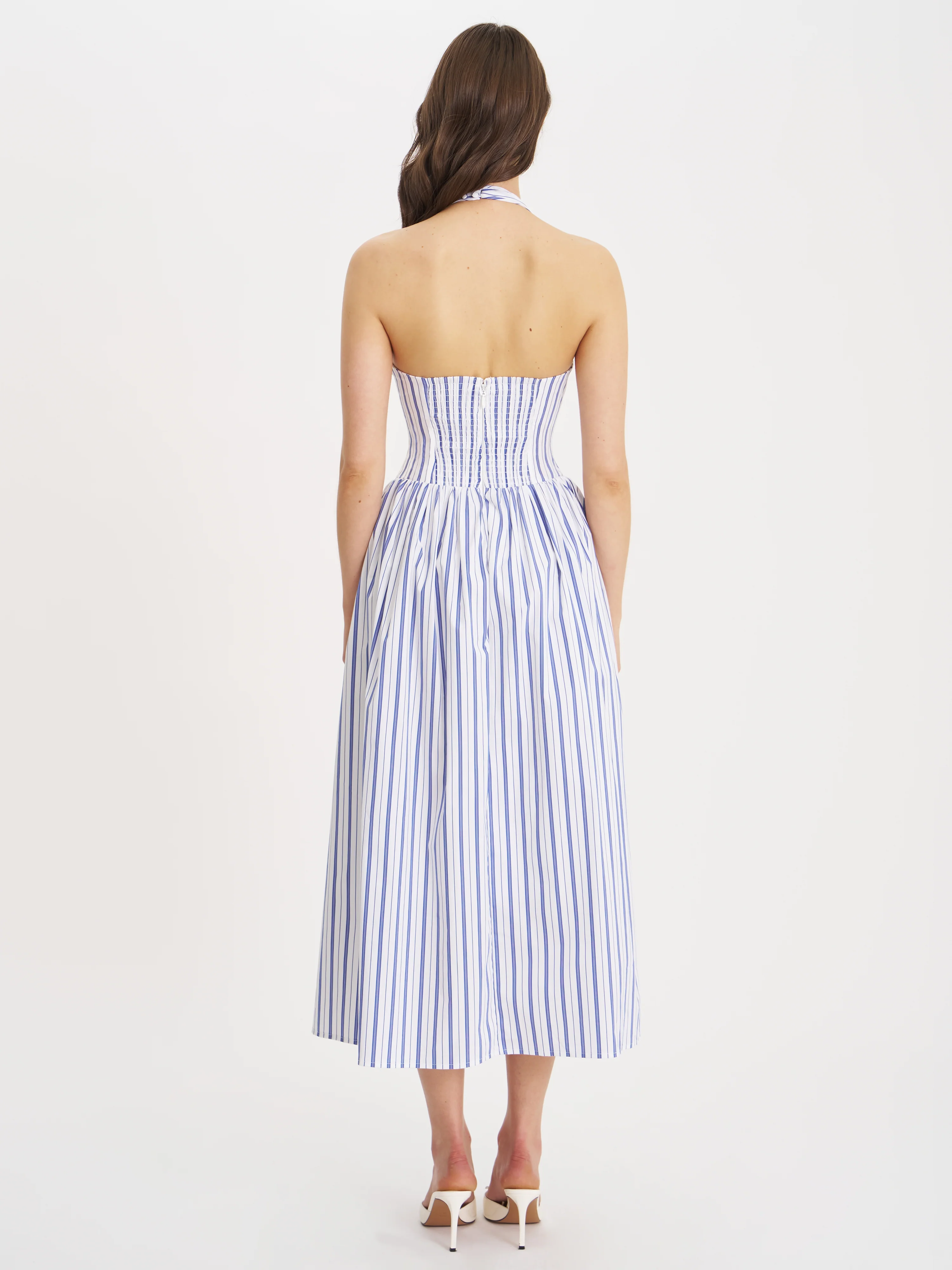 Mackenna Navy Stripe Halter Smock Back Maxi Dress