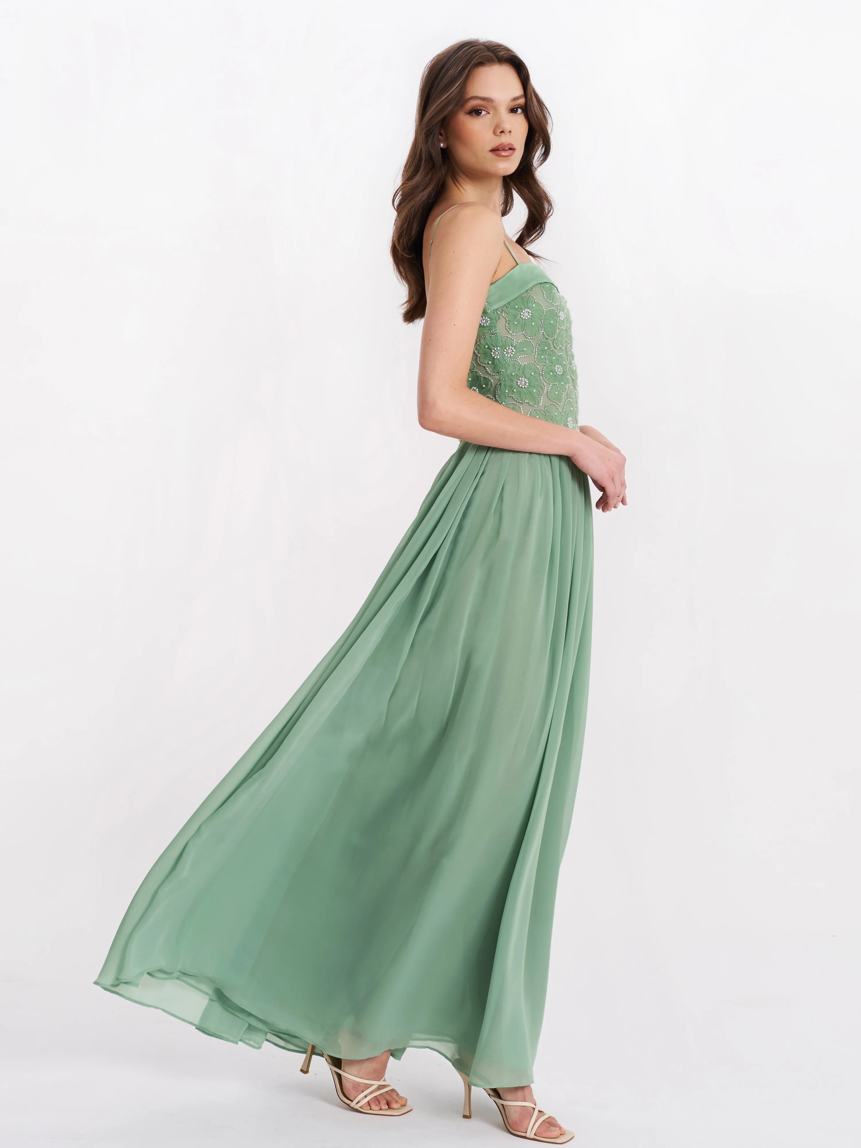 Ucille Sage Green Embroidered Chiffon Maxi Dress