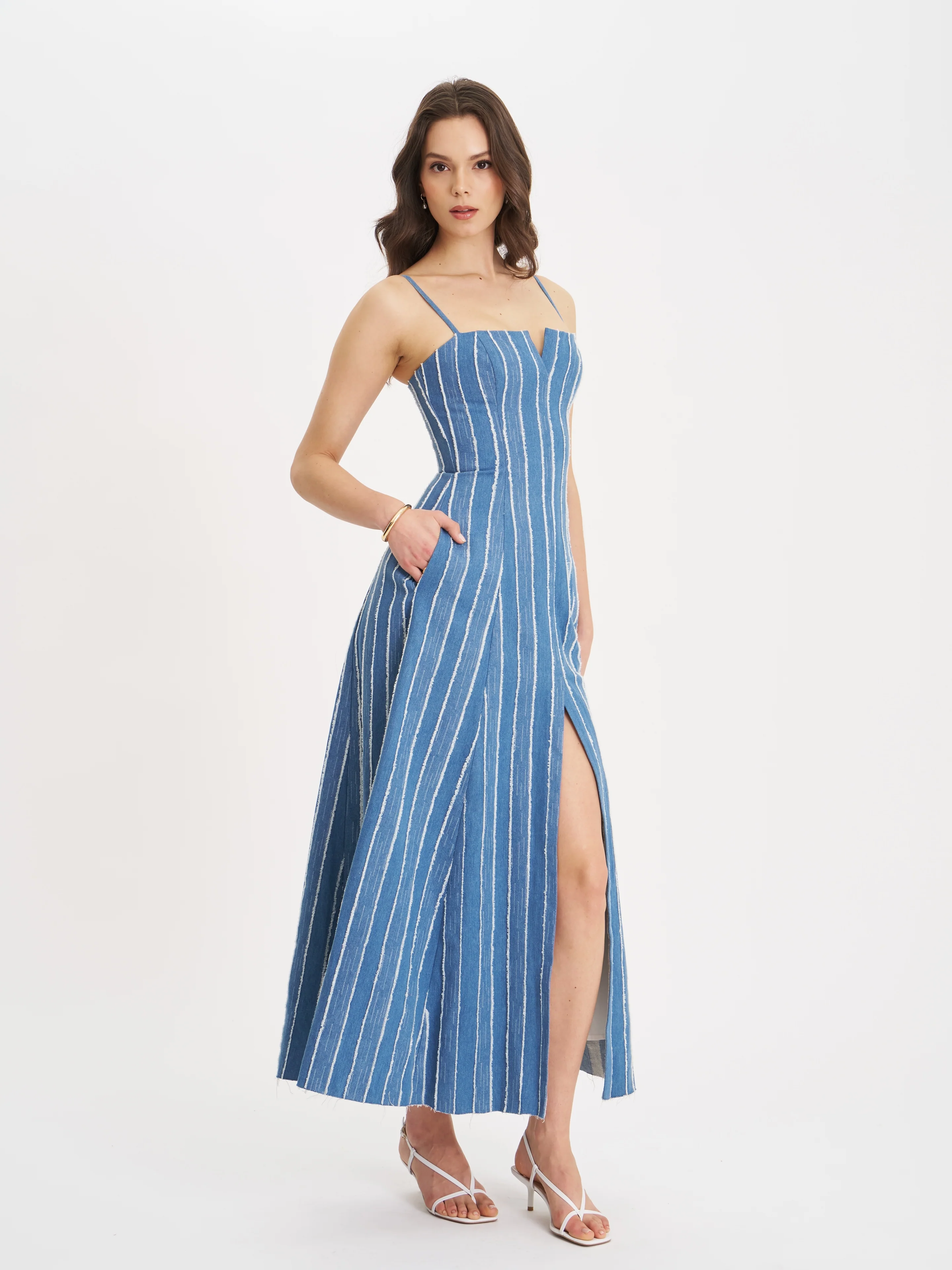 Abygail Stripe Cotton Denim Maxi Dress