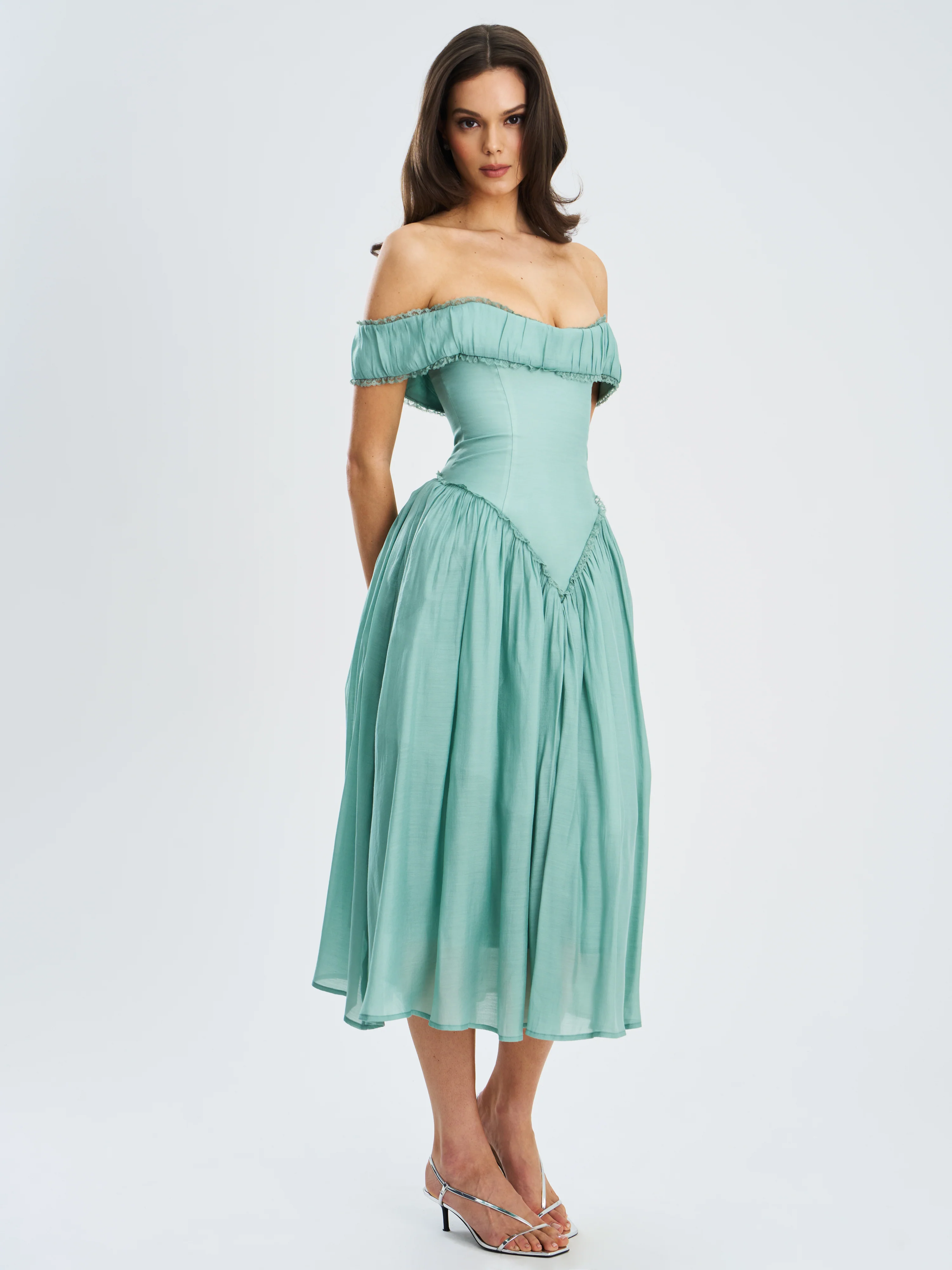 Xavy Teal Green Off Shoulder Corset Midi Dress