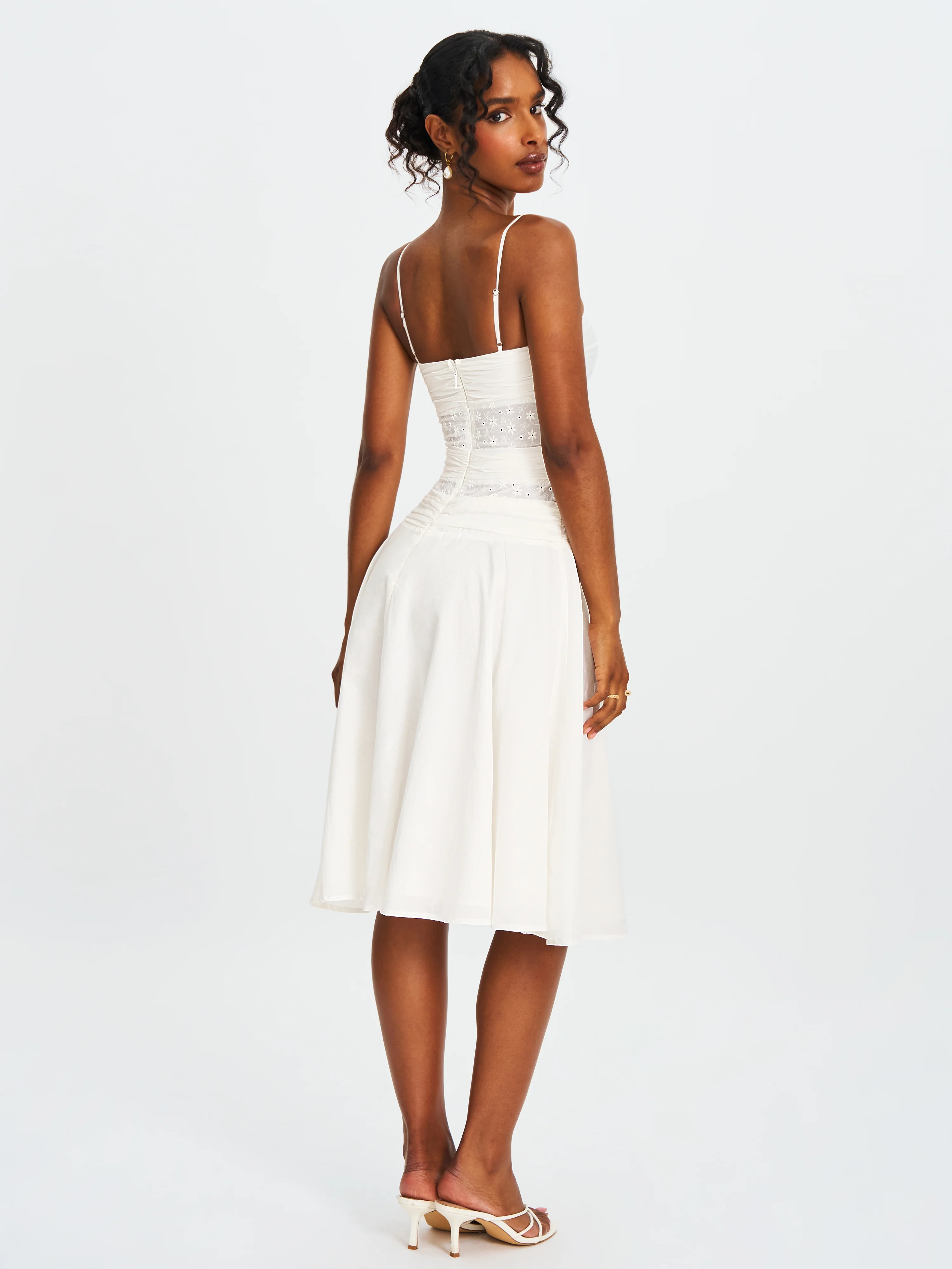 Maelis White Eyelet Drop Waist Cotton Midi Dress