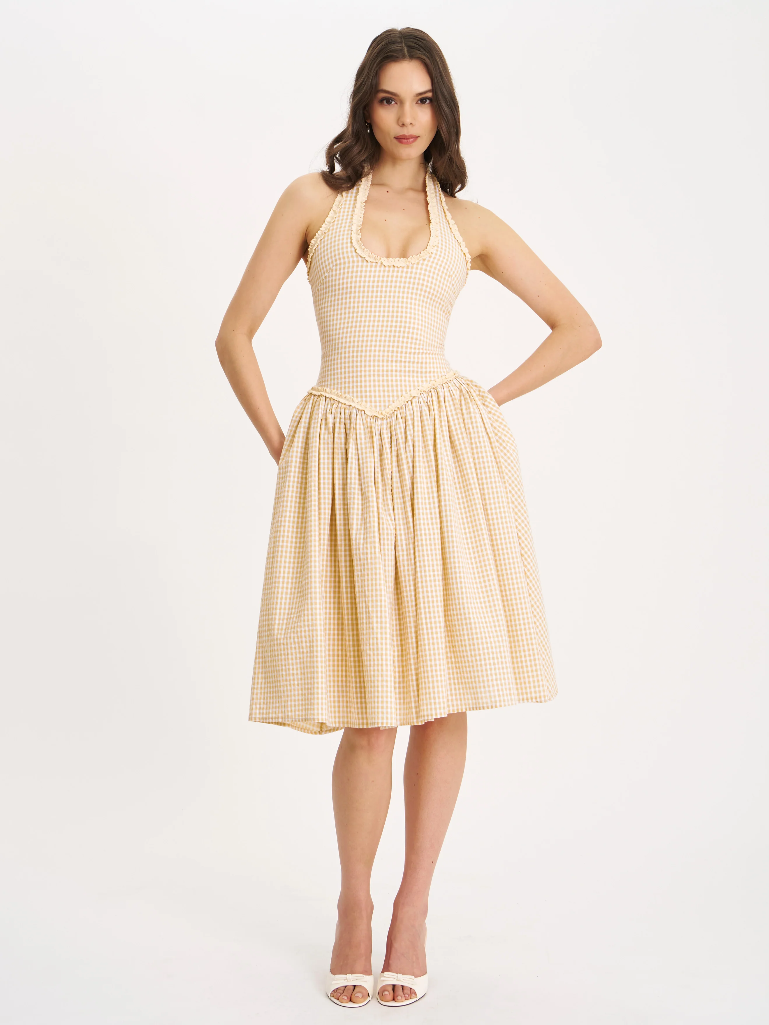 Idella Yellow Gingham U Neck Midi Dress