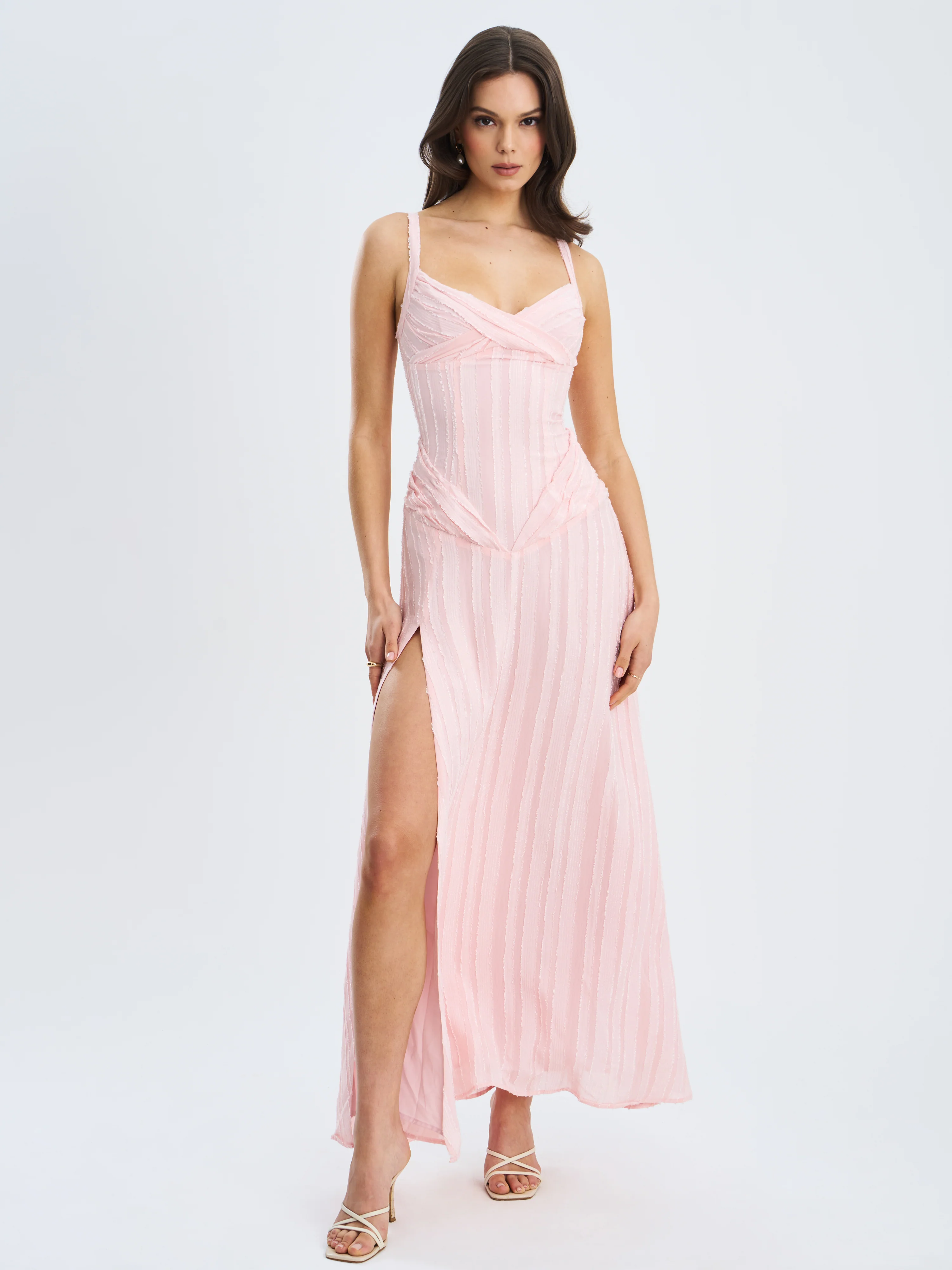 Mallory Baby Pink Stripe Jacquard High Slit Gown
