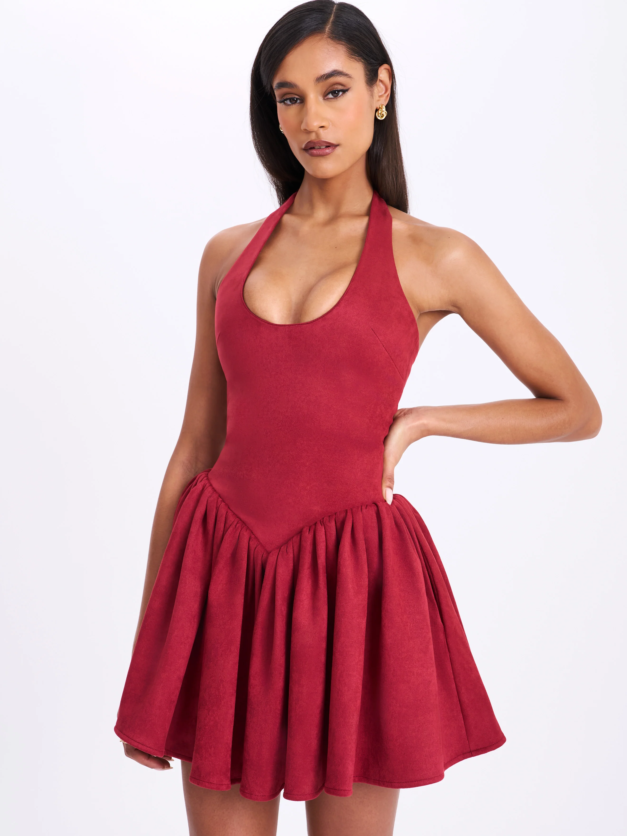 Hadara Burgundy Suede Halter Mini Full Dress