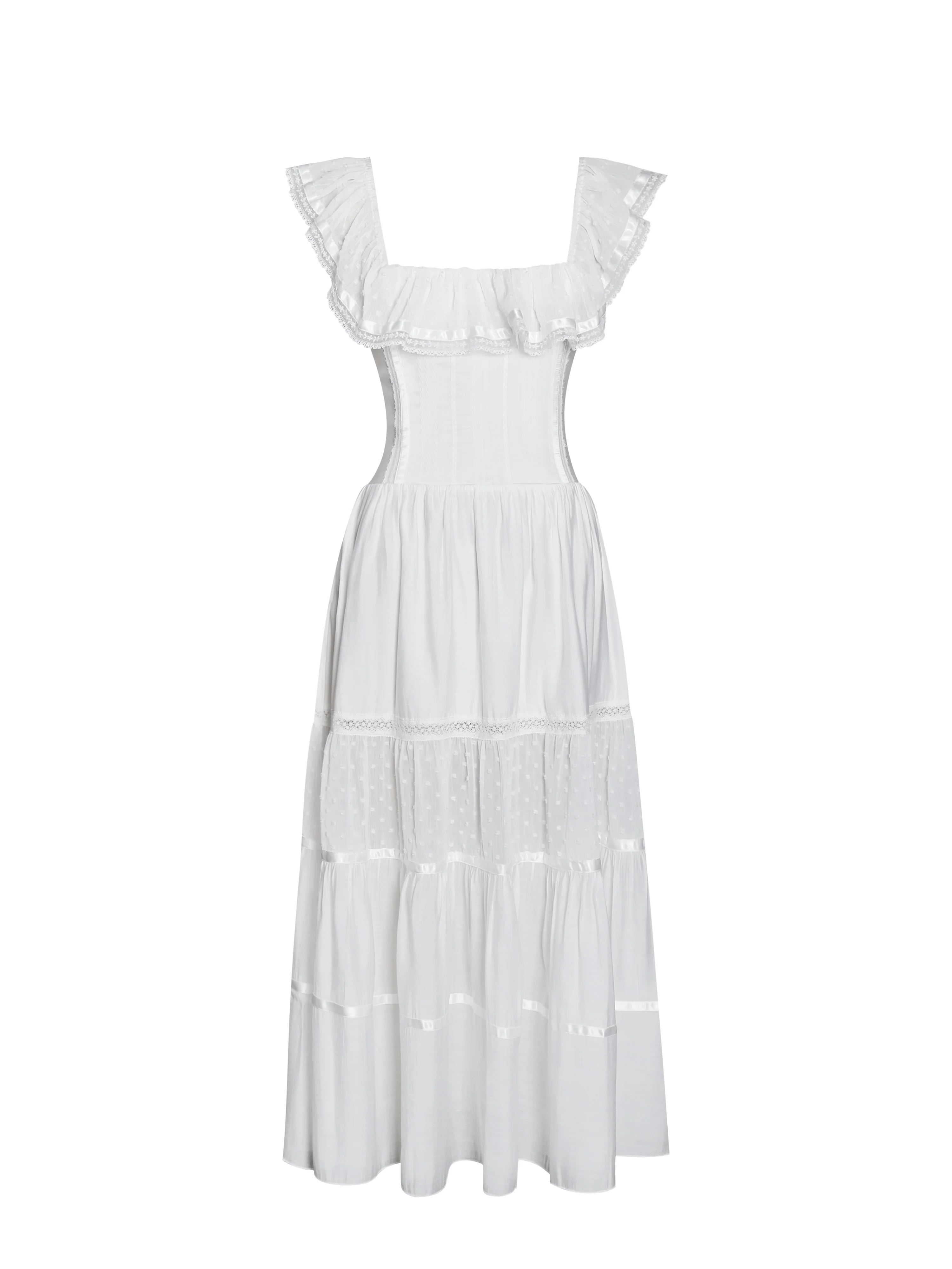 Eden Square Neck Ruffle Trim High Waist Midi Dress
