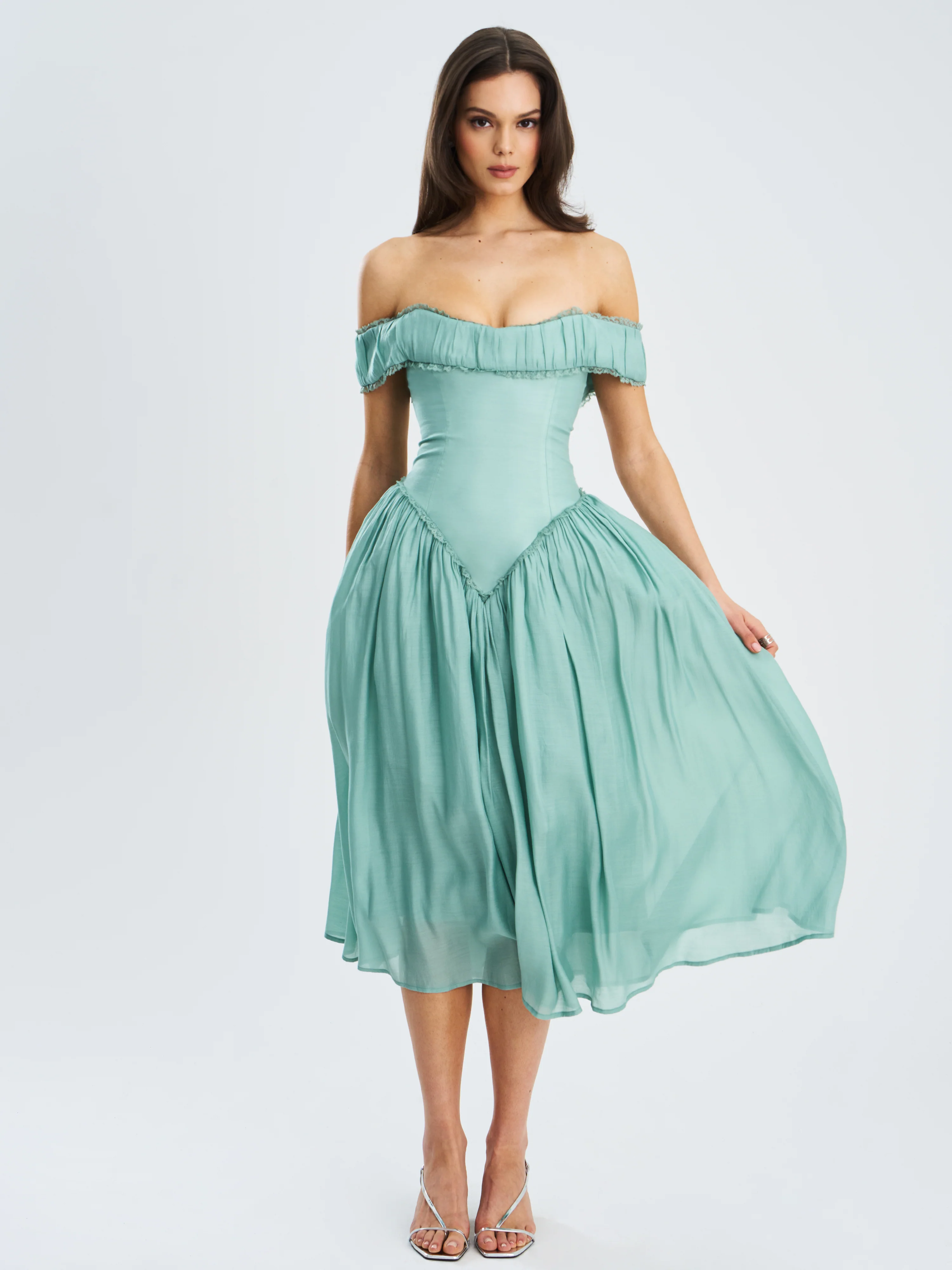 Xavy Teal Green Off Shoulder Corset Midi Dress