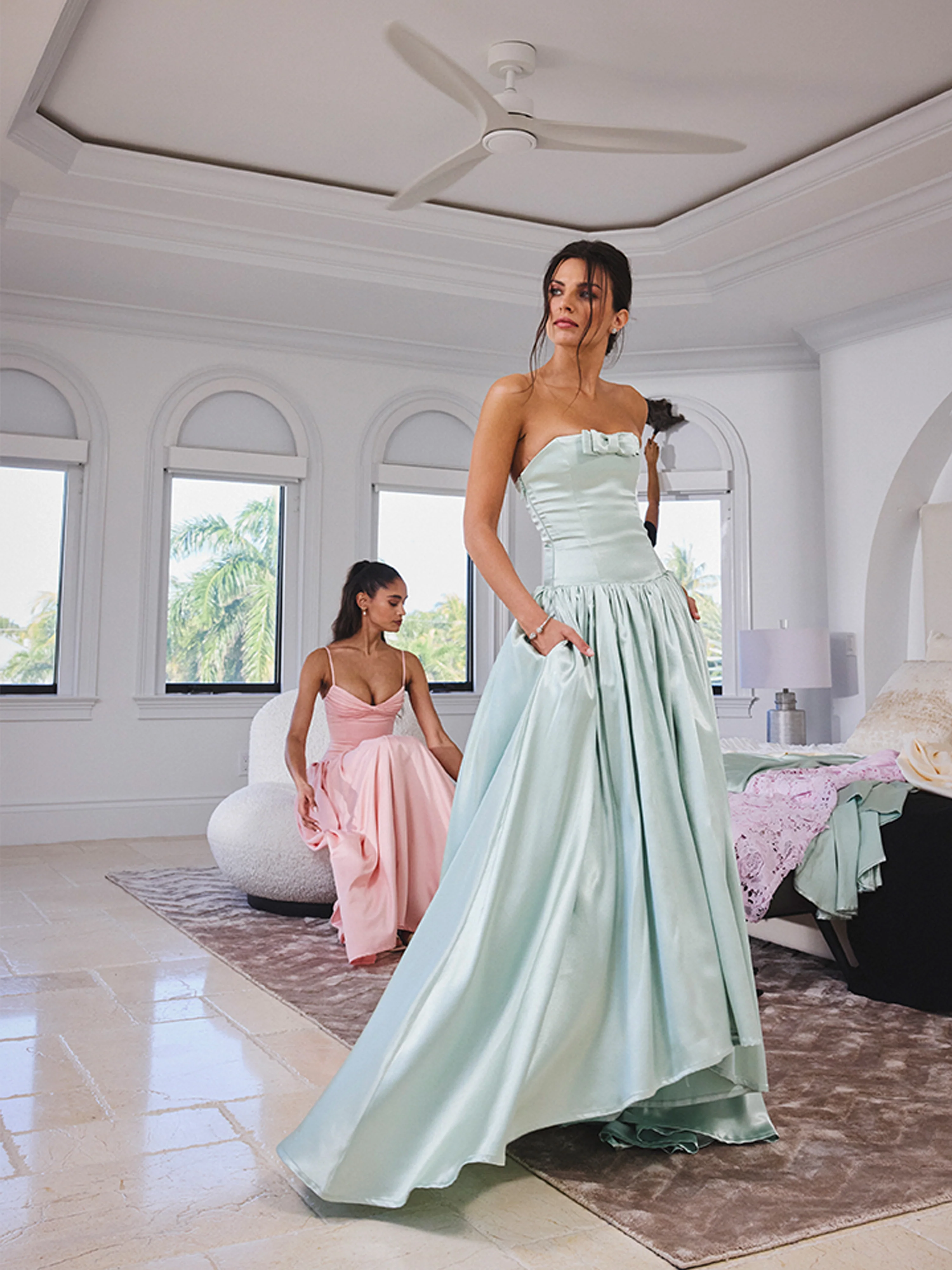 Lael Mint Green Back Button Trailing Gown
