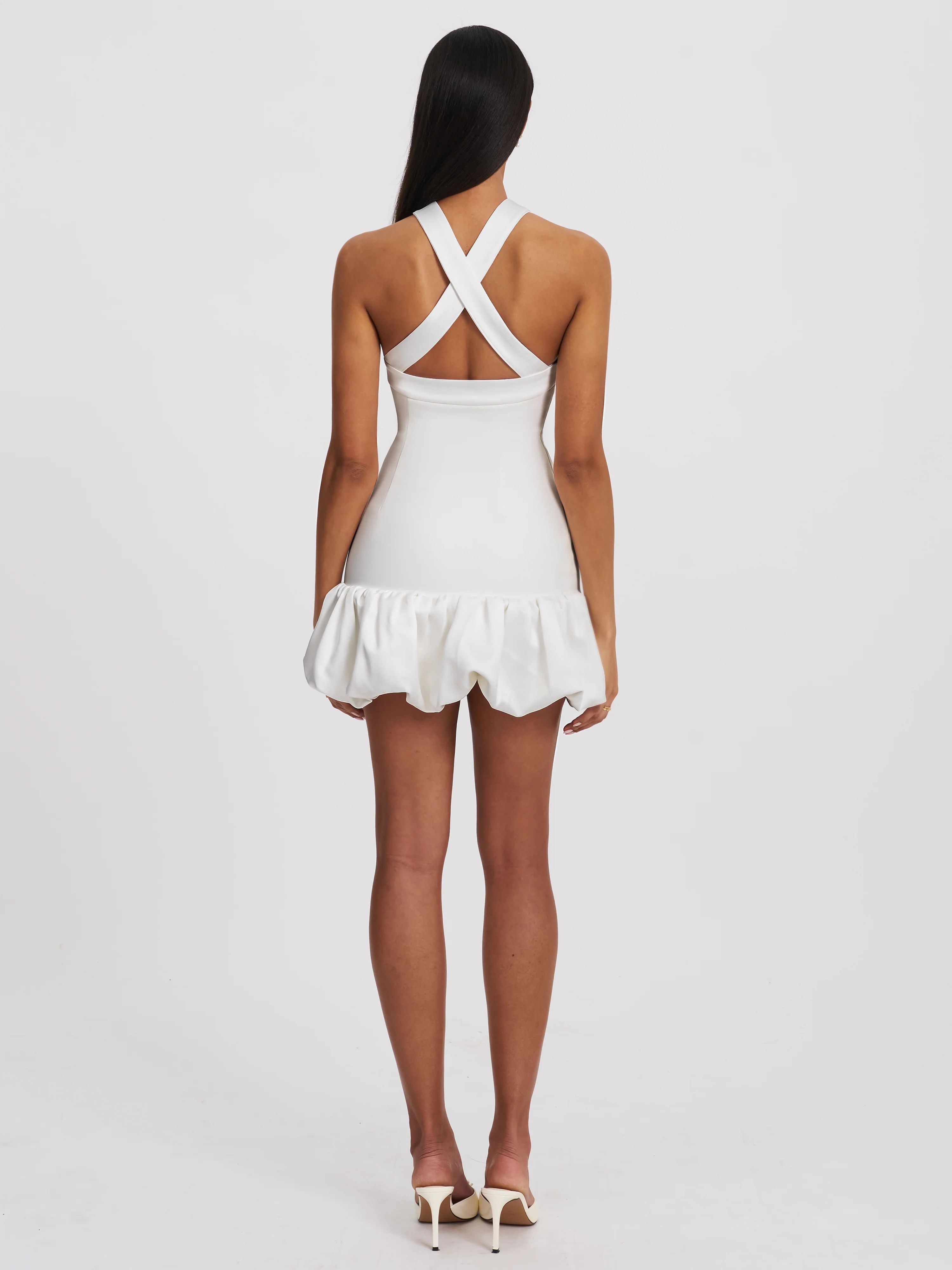 Barbra White Cross Straps Bodycon Mini Dress with Bubble Hem