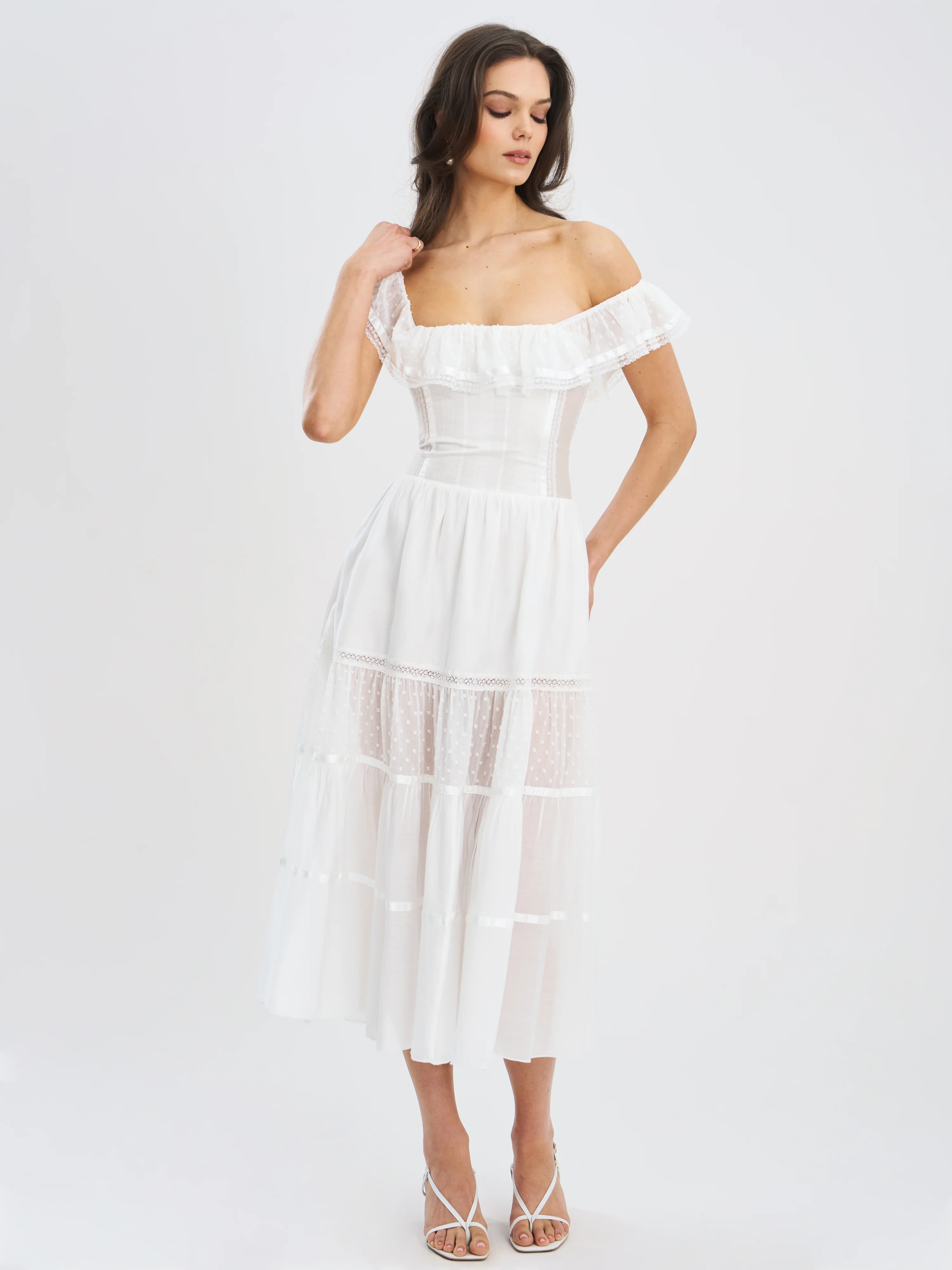 Eden Square Neck Ruffle Trim High Waist Midi Dress