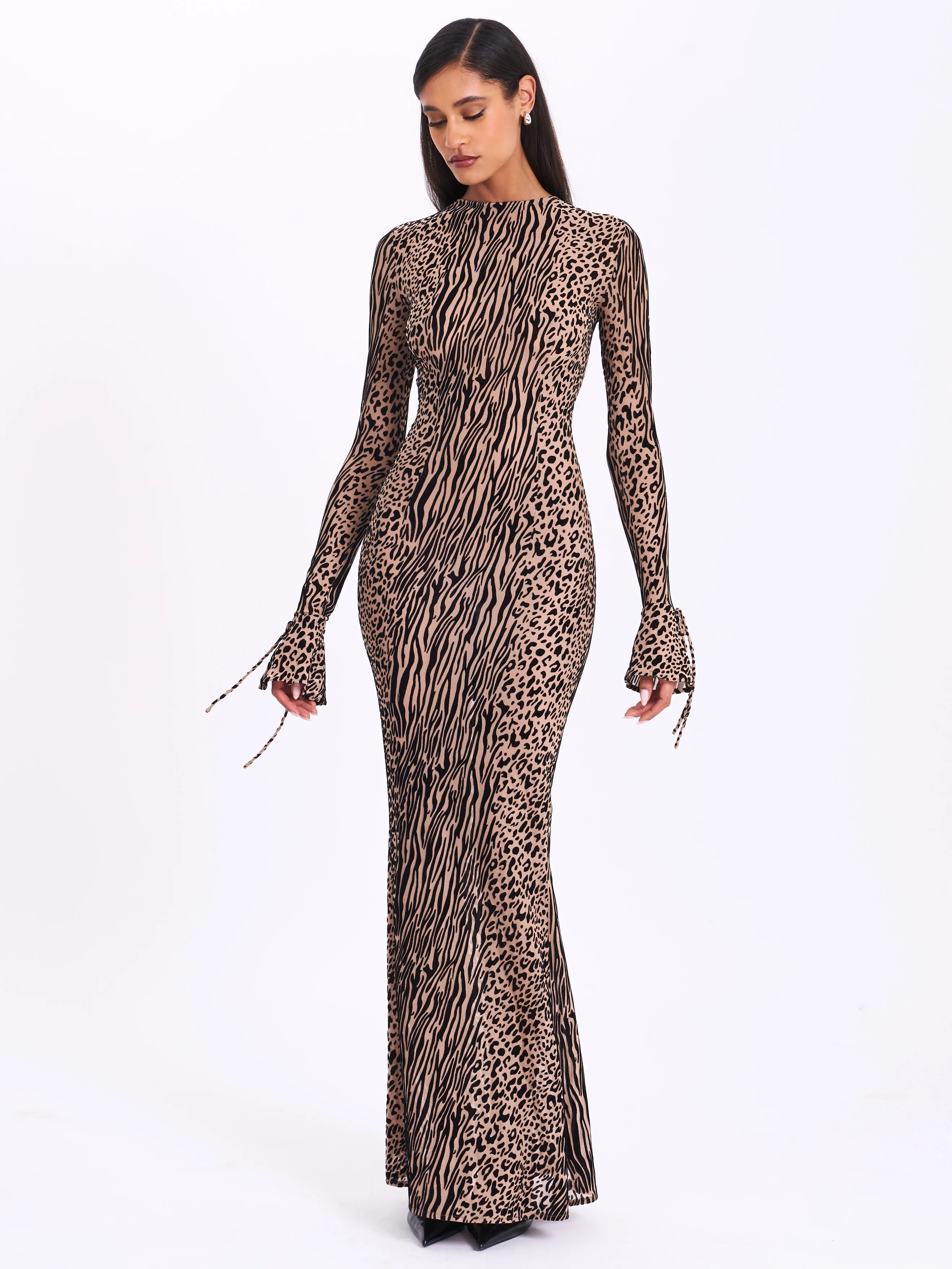 Waylynn Nude Black Animal Print Burnout Velvet Detail Mesh Backless Maxi Dress