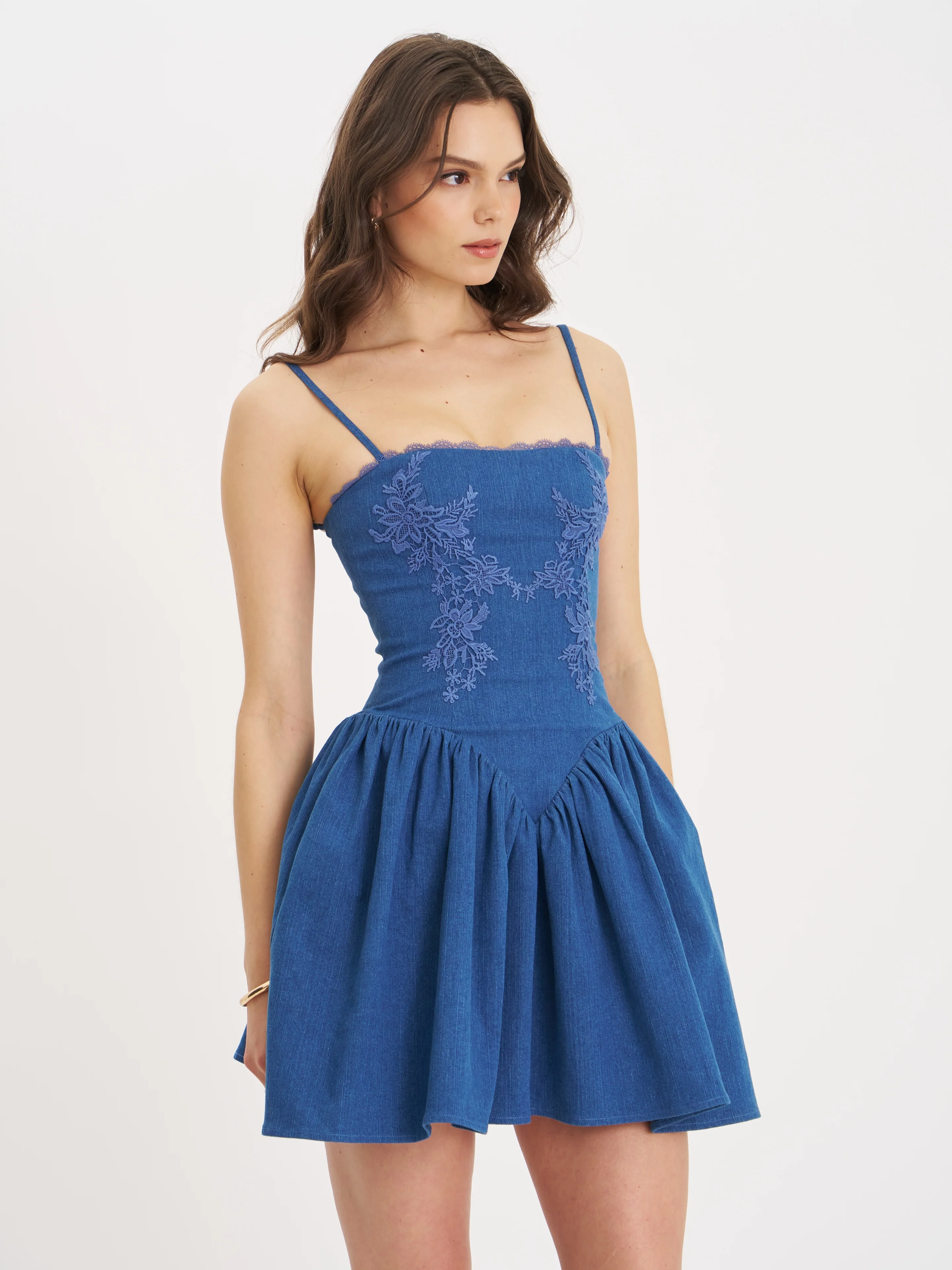 Zafira Cotton Denim Drop Waist Corset Mini Dress