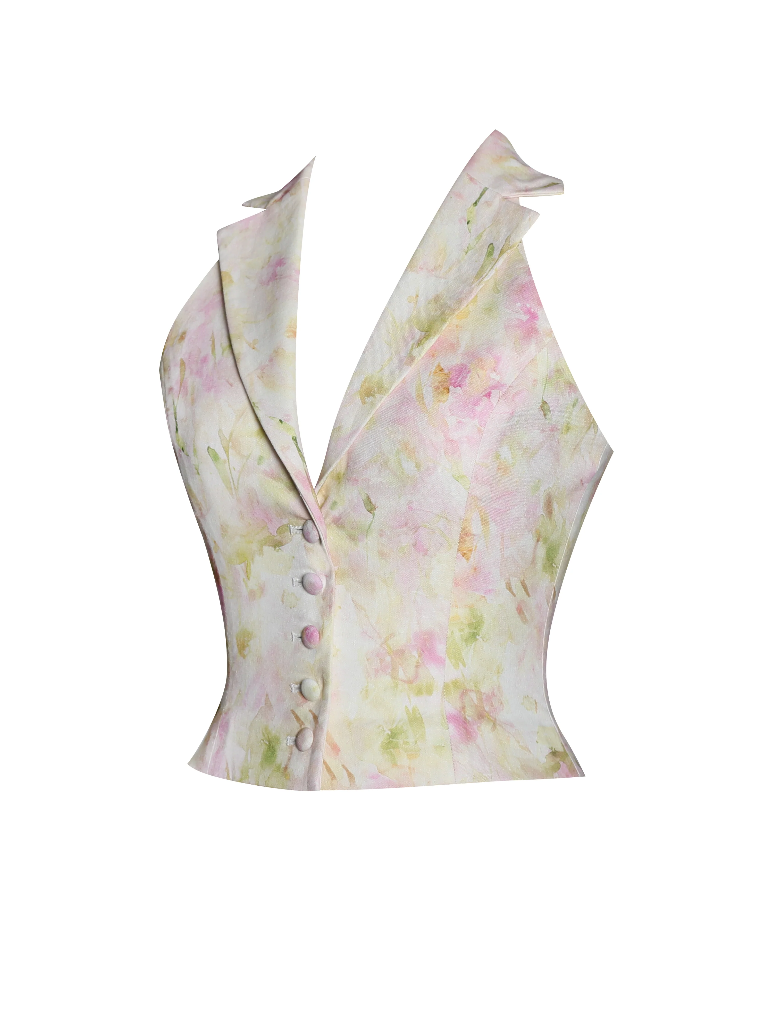 Lauren Pink Floral Print Ruched Back Linen Suit Vest