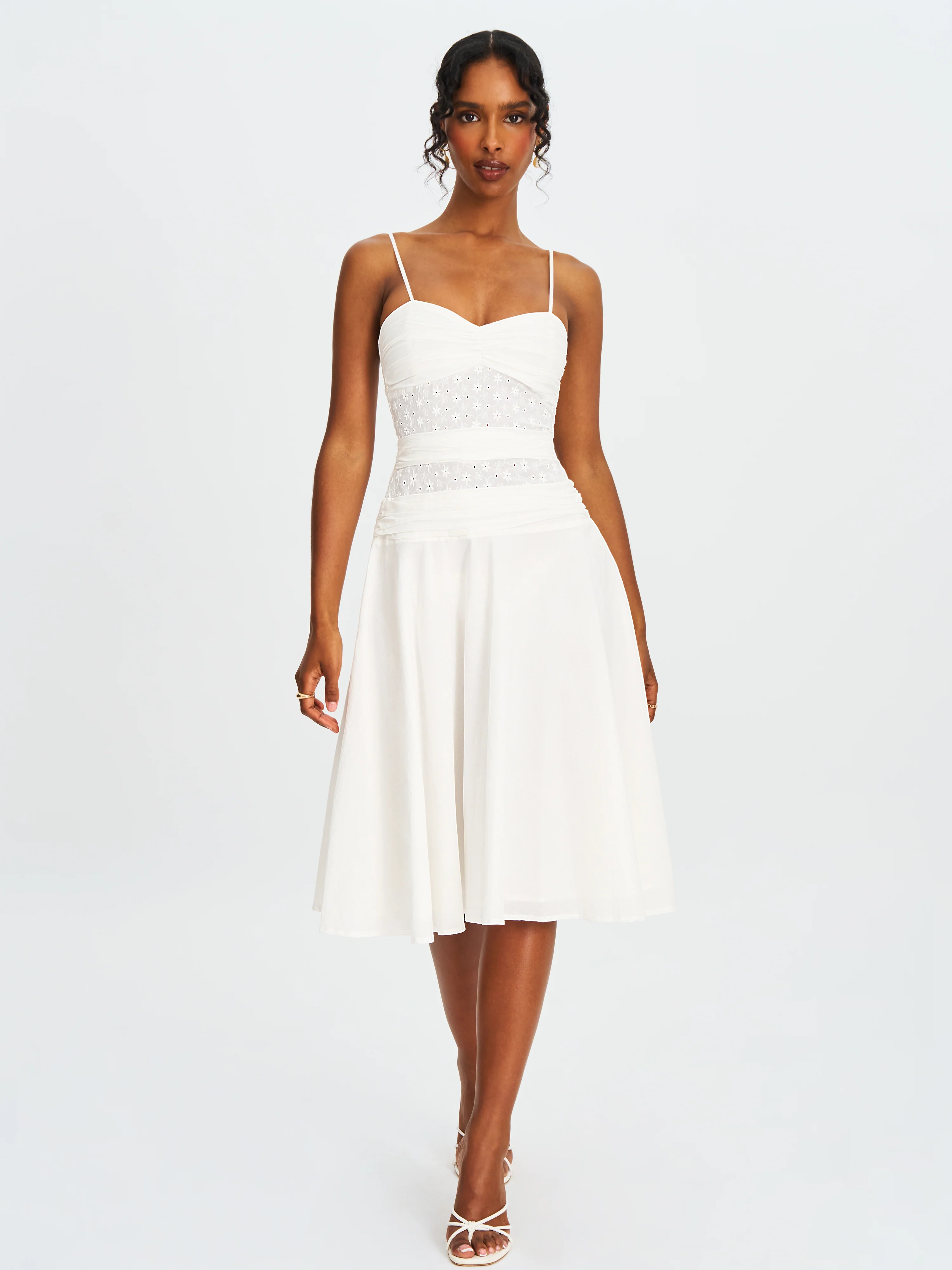 Maelis White Eyelet Drop Waist Cotton Midi Dress