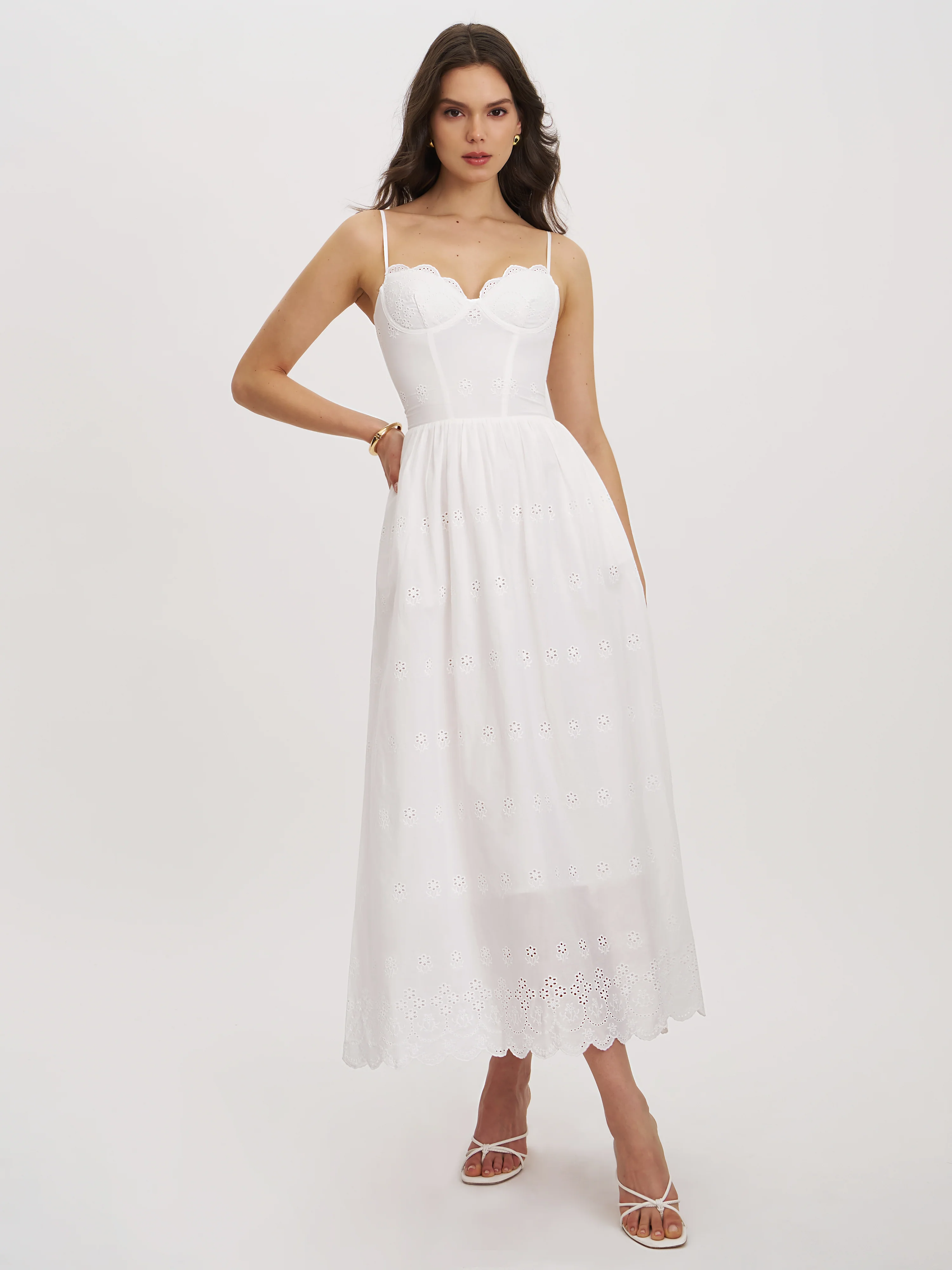Oberon White Cotton Eyelet Lace-Up Back Maxi Dress