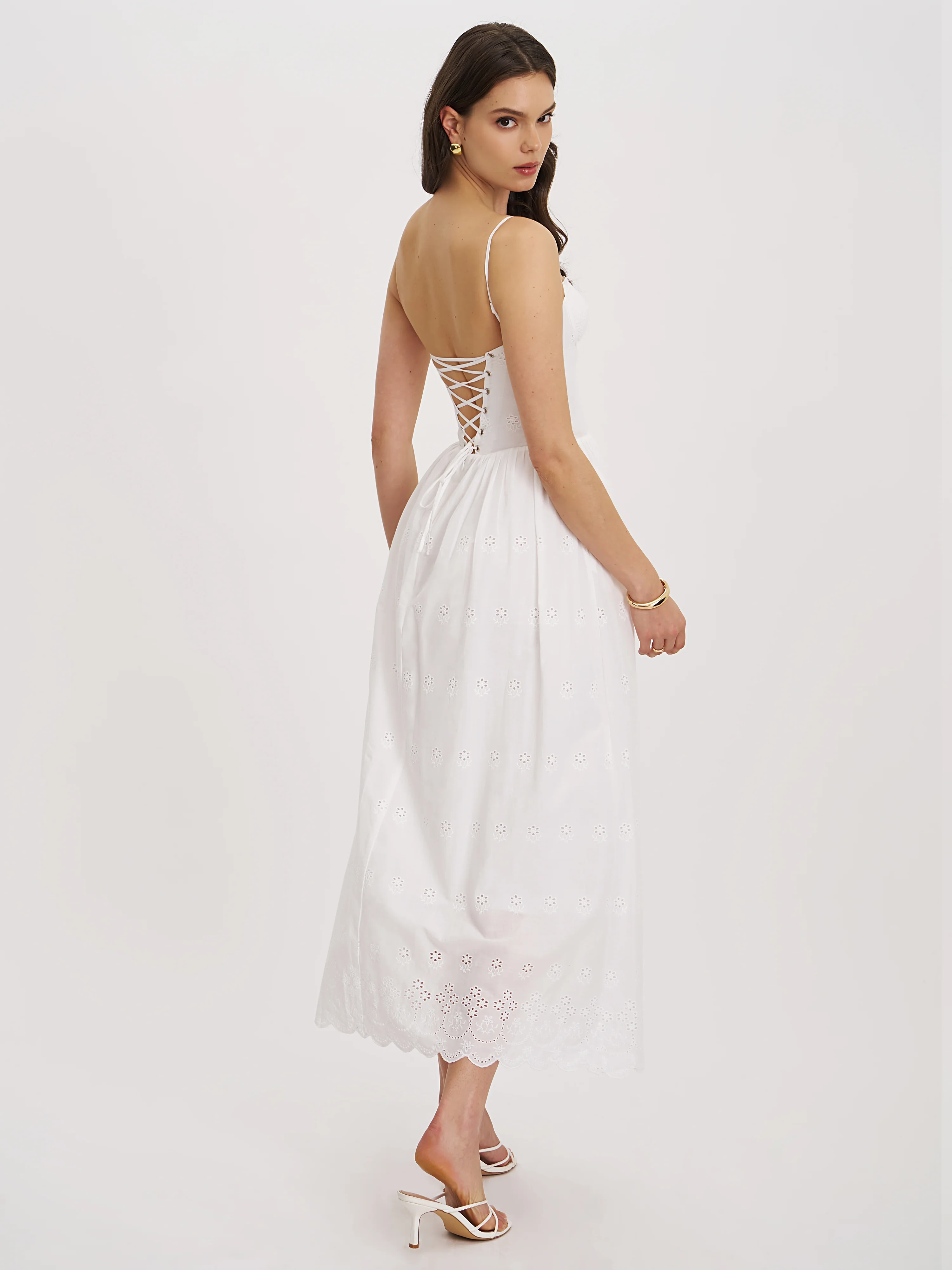 Oberon White Cotton Eyelet Lace-Up Back Maxi Dress