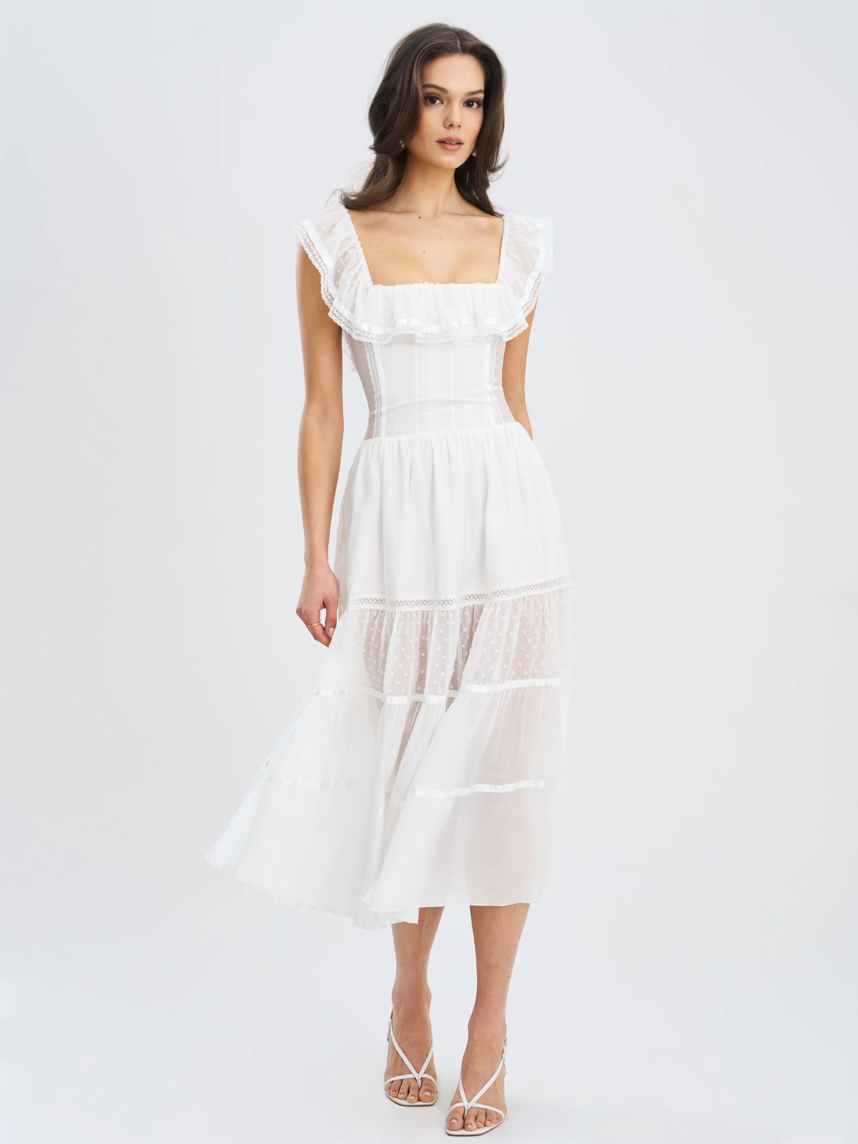 Eden Square Neck Ruffle Trim High Waist Midi Dress