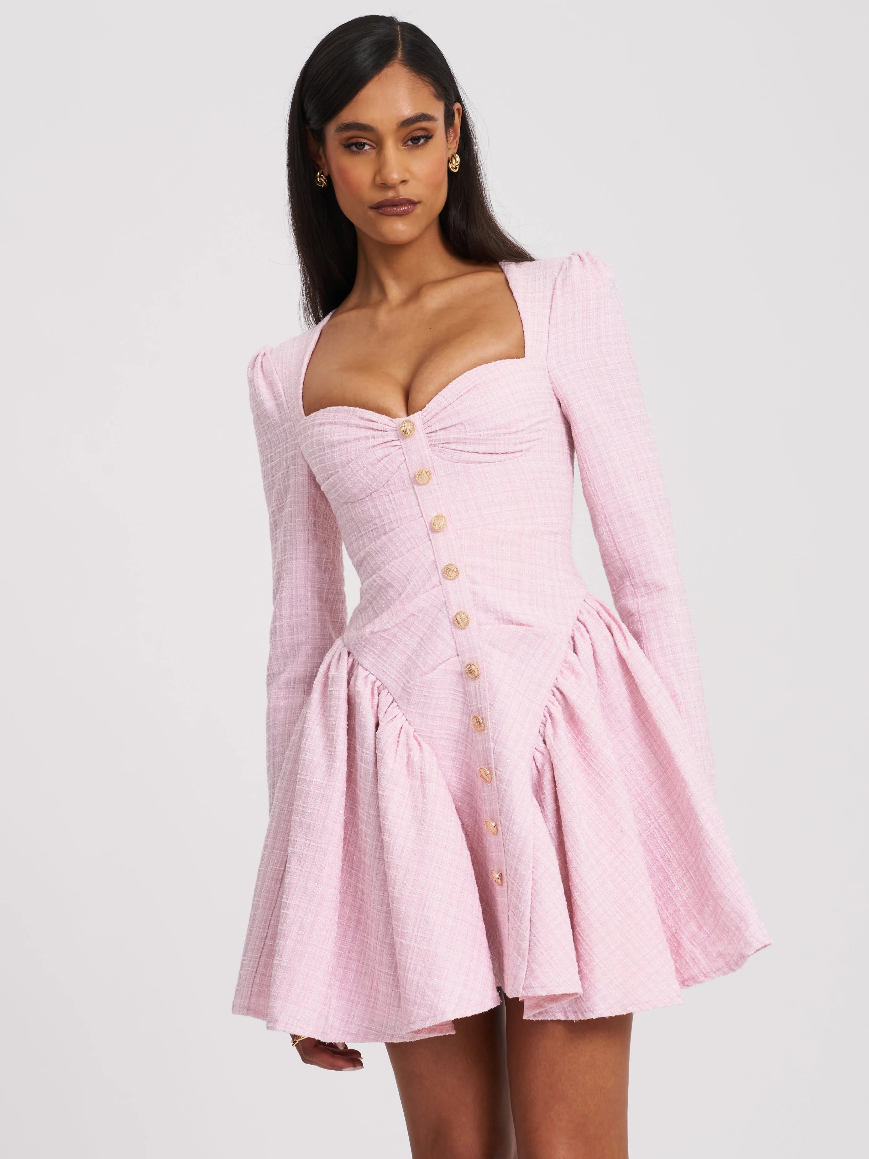 Tae Pink Tweed Long Sleeve Drop Waist Mini Dress