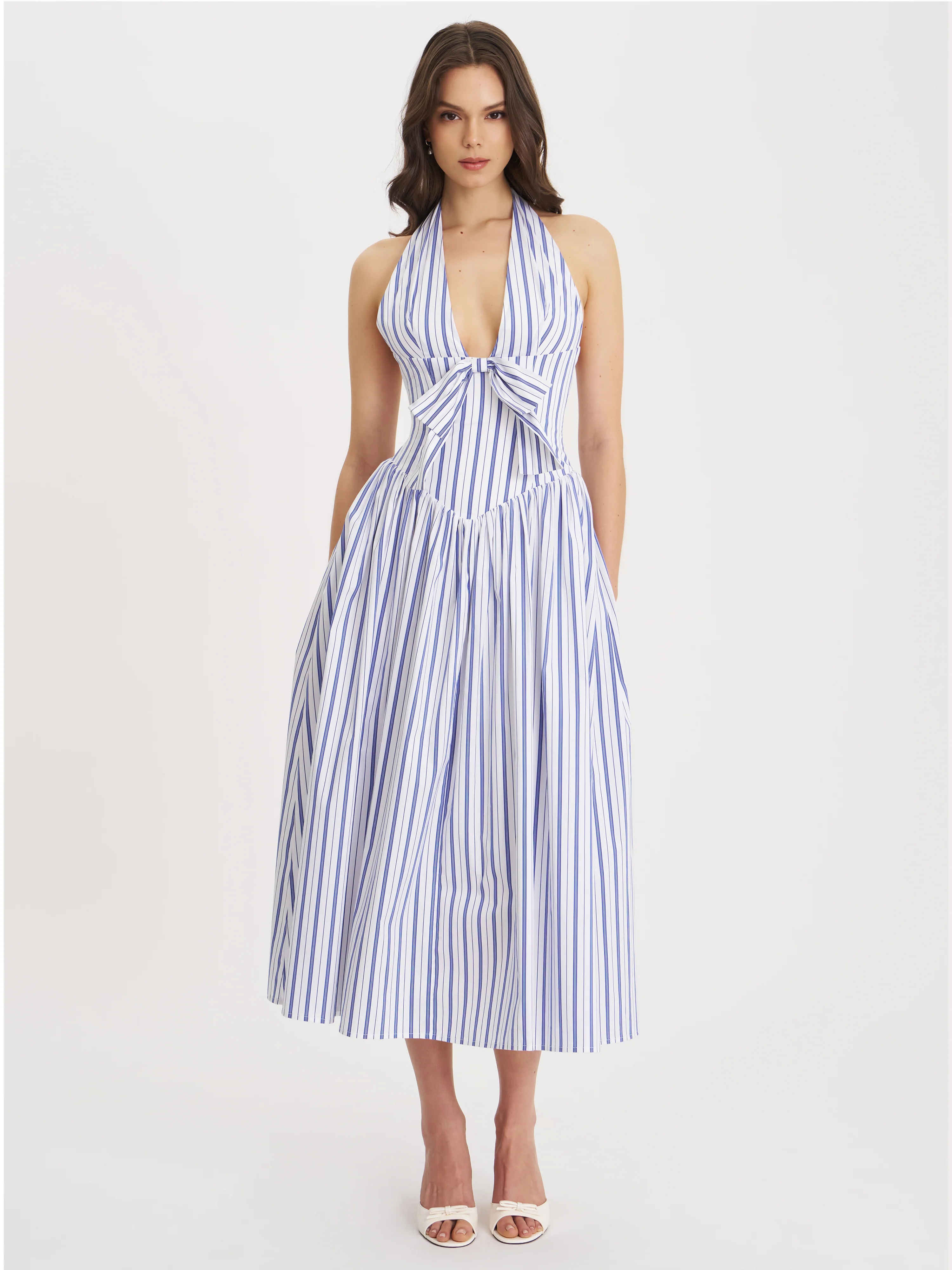 Mackenna Navy Stripe Halter Smock Back Maxi Dress