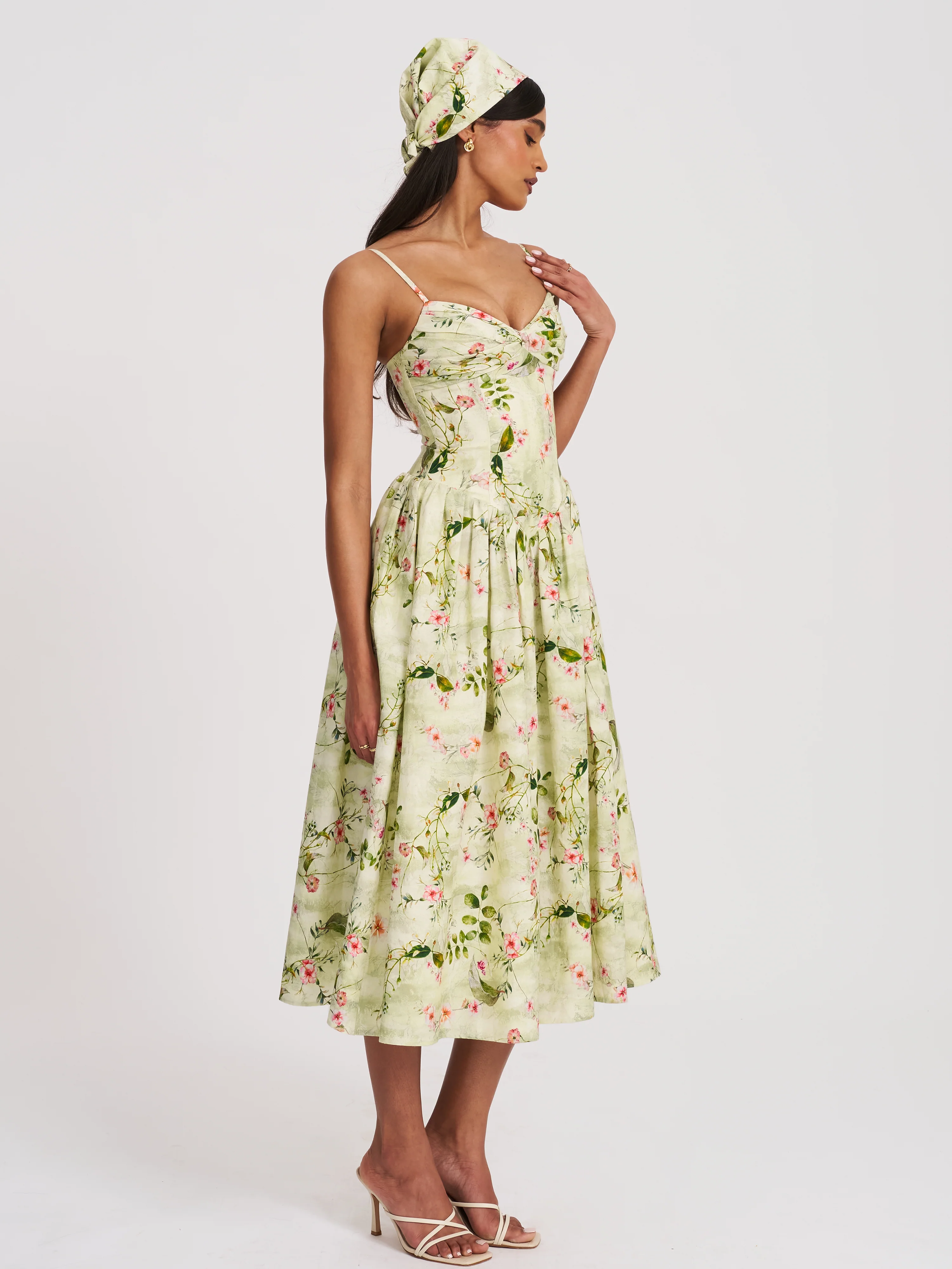 Jacinda Green Floral Print Ruched Breast Linen Midi Dress