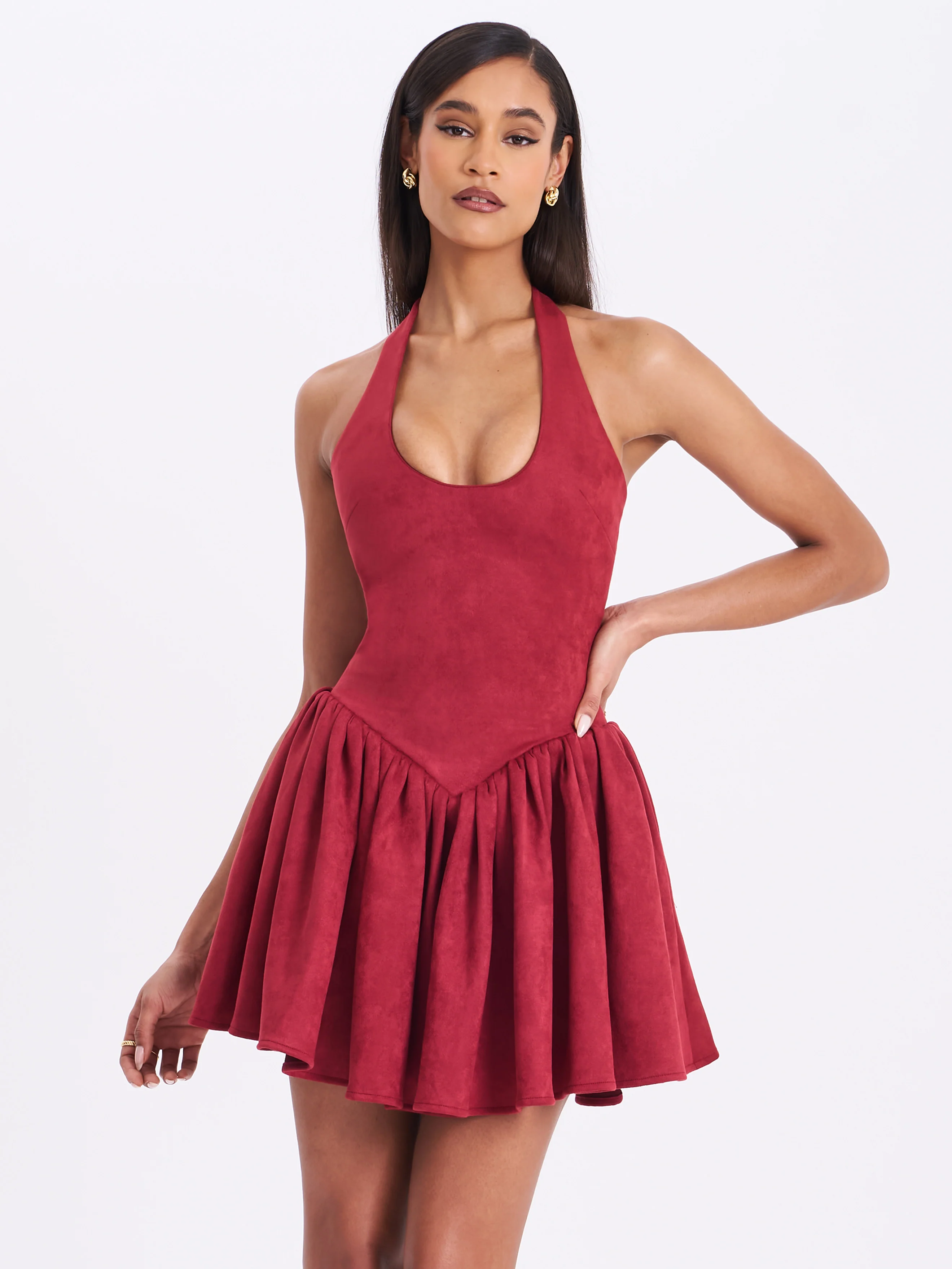 Hadara Burgundy Suede Halter Mini Full Dress
