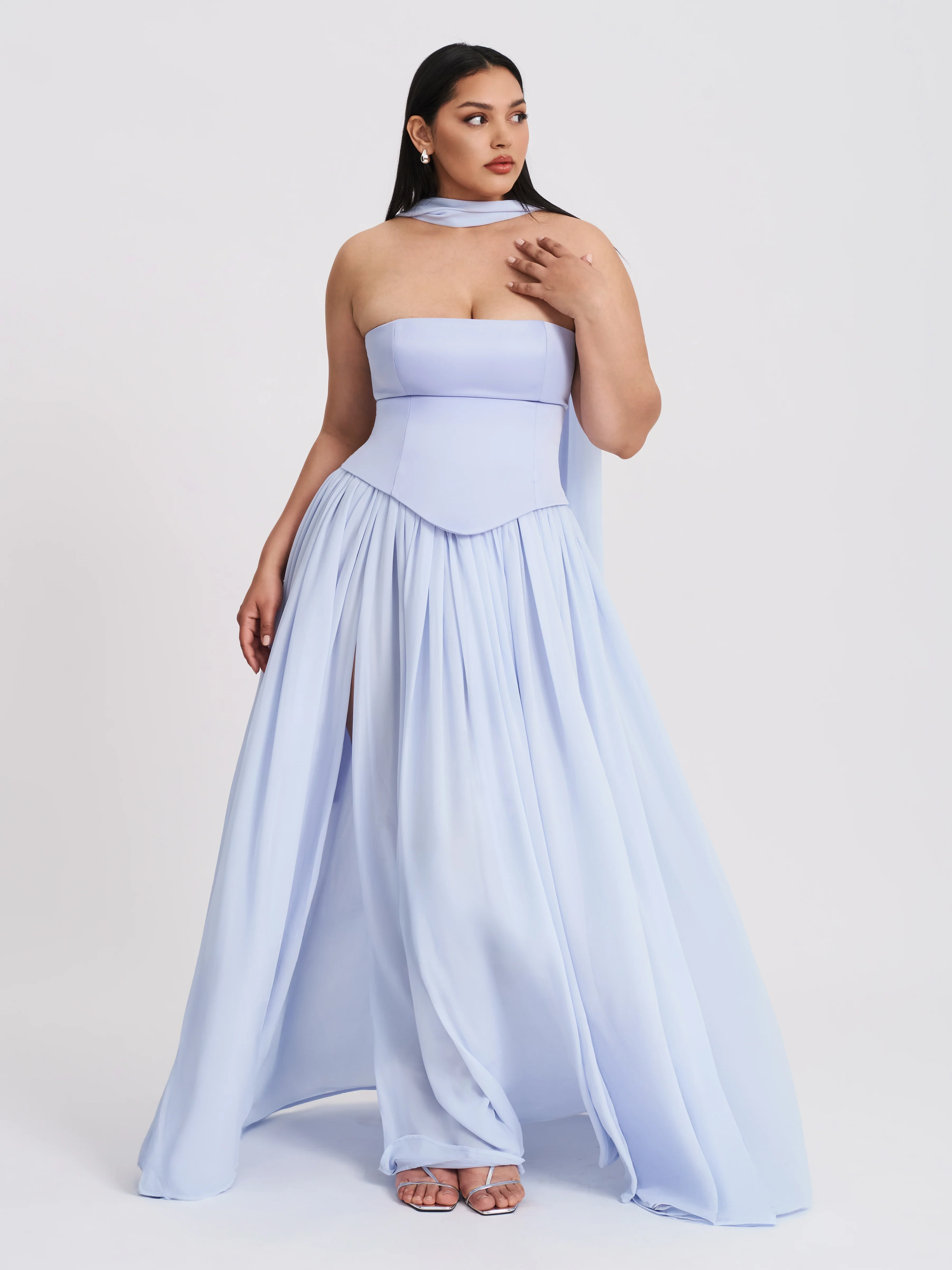 Qianna Baby Blue Peplum Top Drop Waist Chiffon Gown