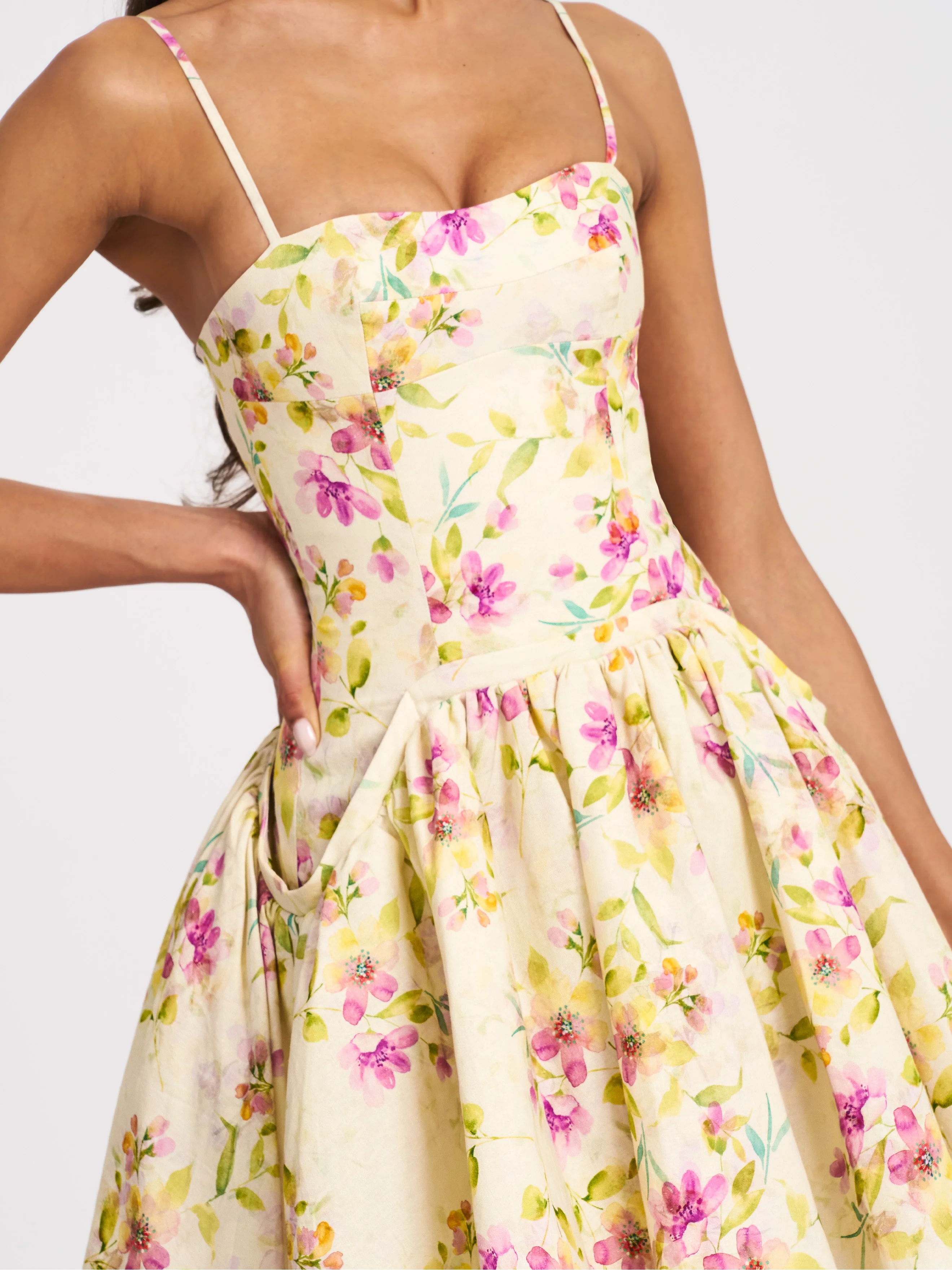 Valda Yellow and Pink Print Linen Mini Dress with Pockets