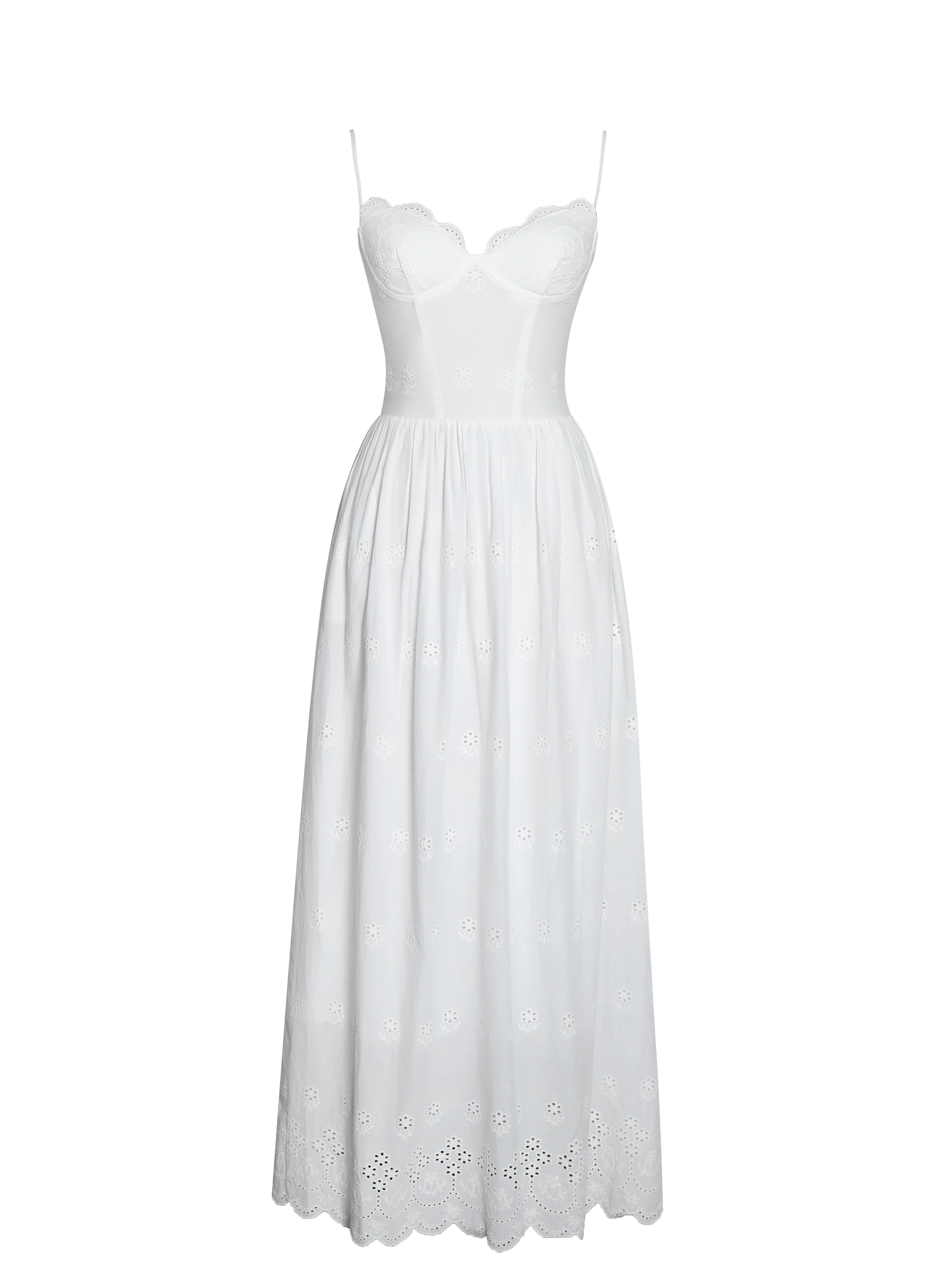 Oberon White Cotton Eyelet Lace-Up Back Maxi Dress