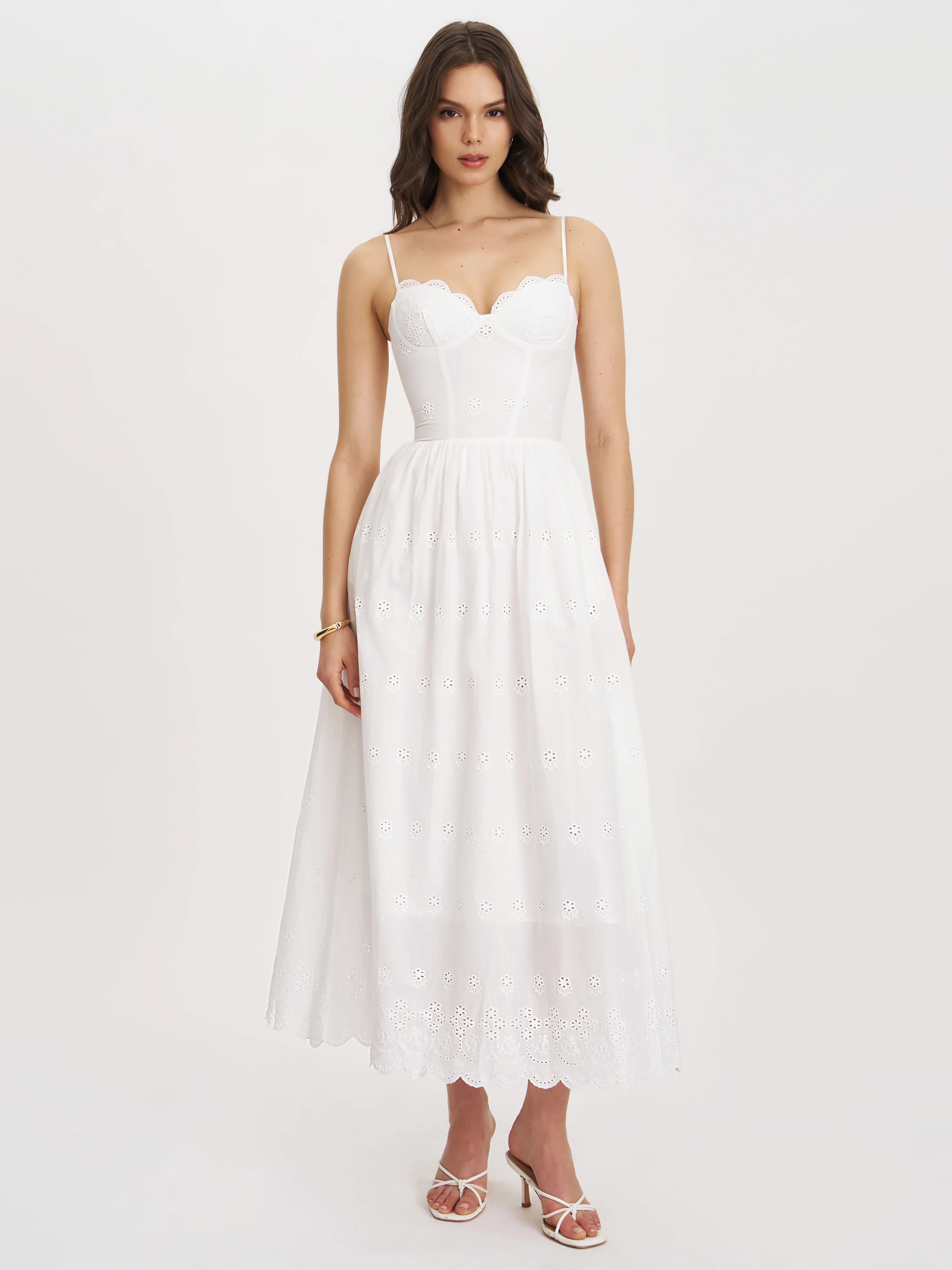Oberon White Cotton Eyelet Lace-Up Back Maxi Dress