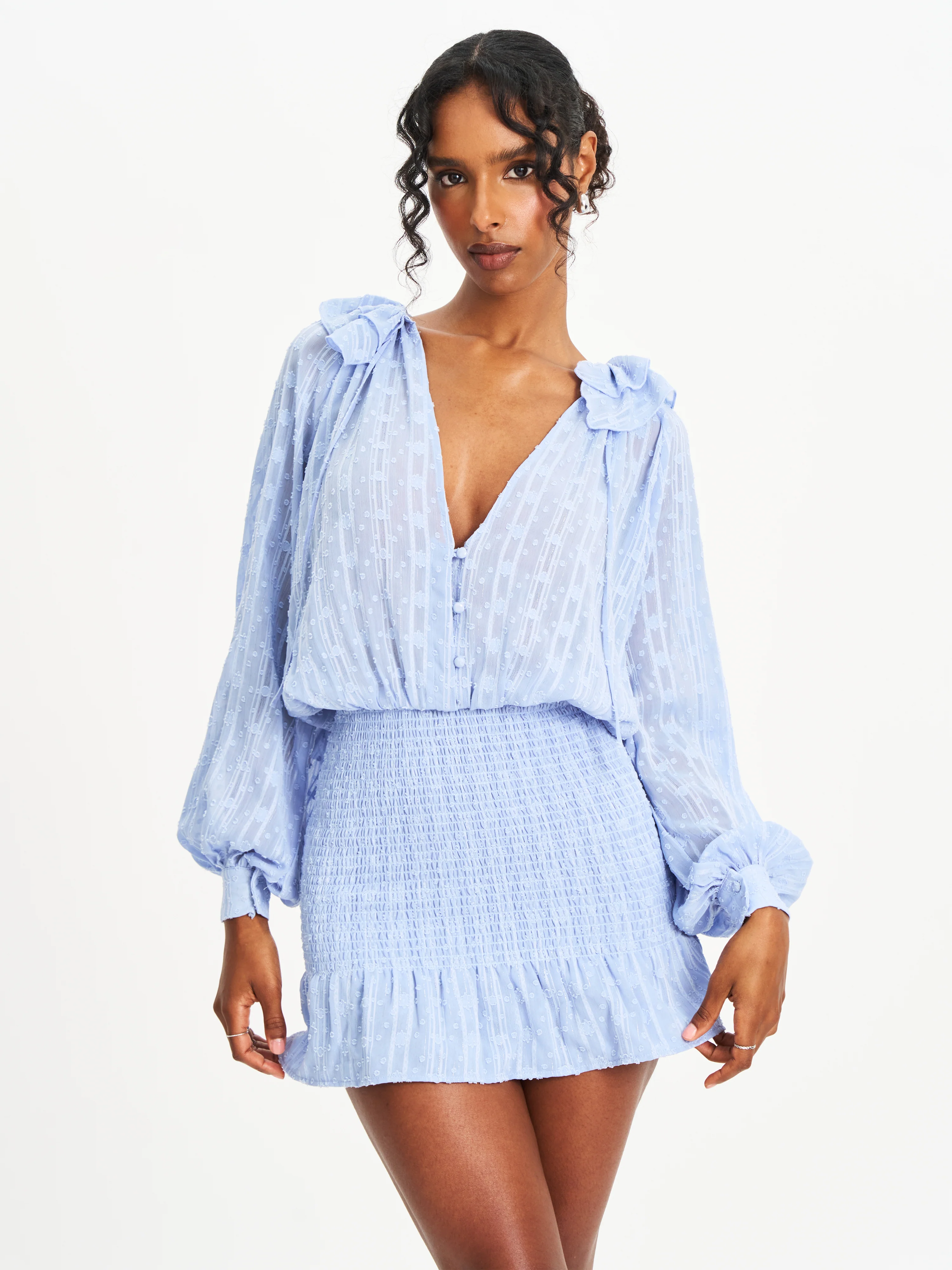 Zahari Blue Smock Bottom Balloon Sleeve Mini Dress