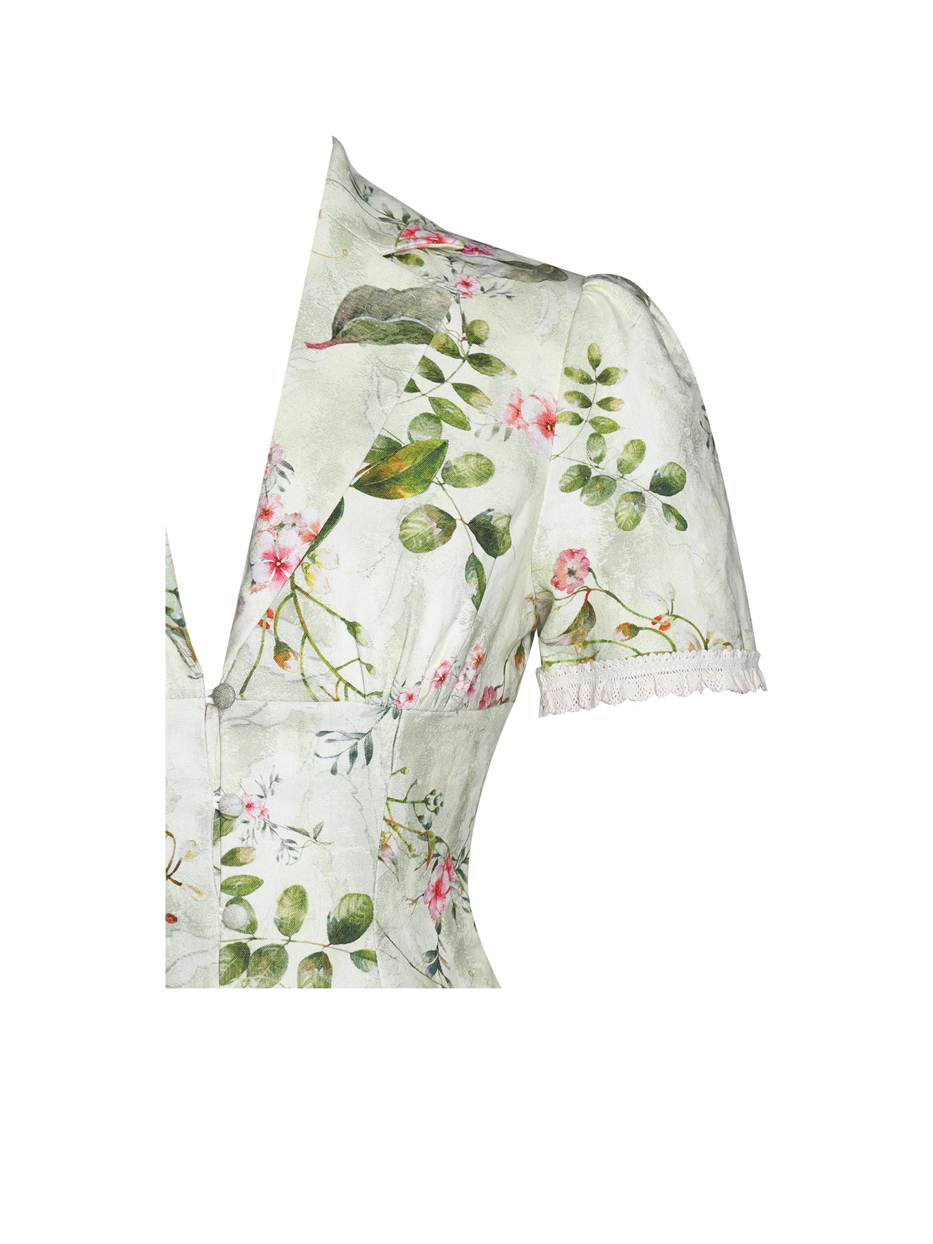 Zanella Green Floral Print Lace Trim Linen Top