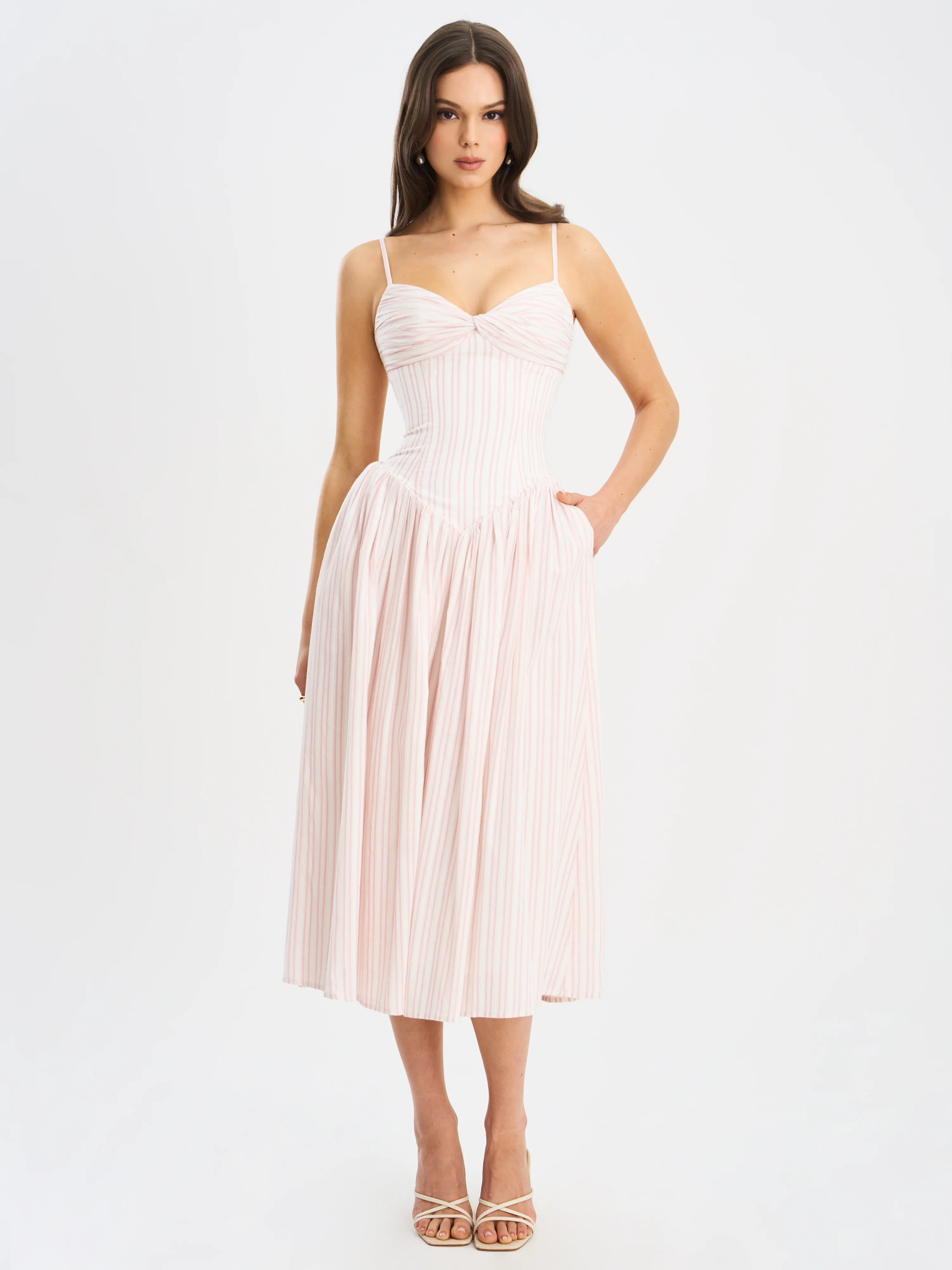 Zania Pink Stripe Ruched Breast Cotton Jacquard Midi Dress