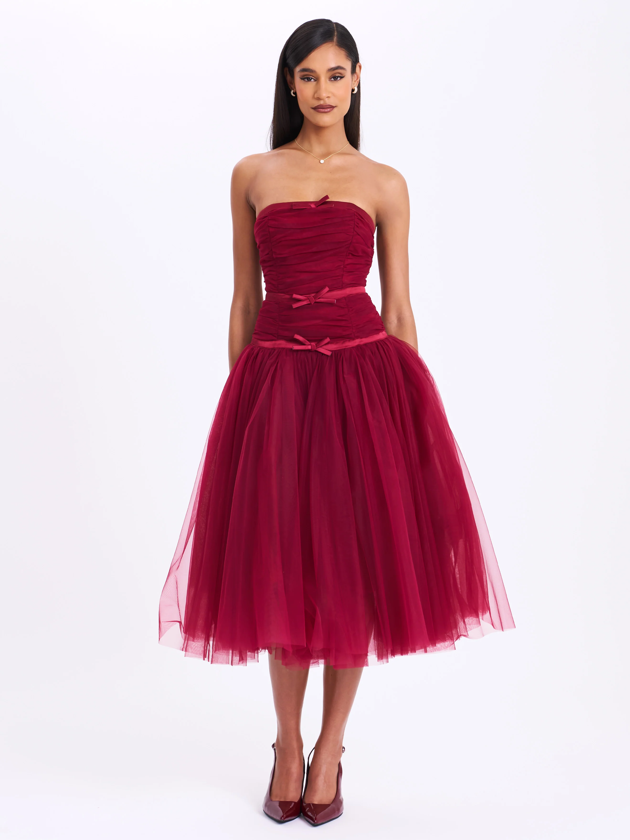 Mabel Burgundy Drop Waist Layered Mesh Midi Puffy Dress with Bow