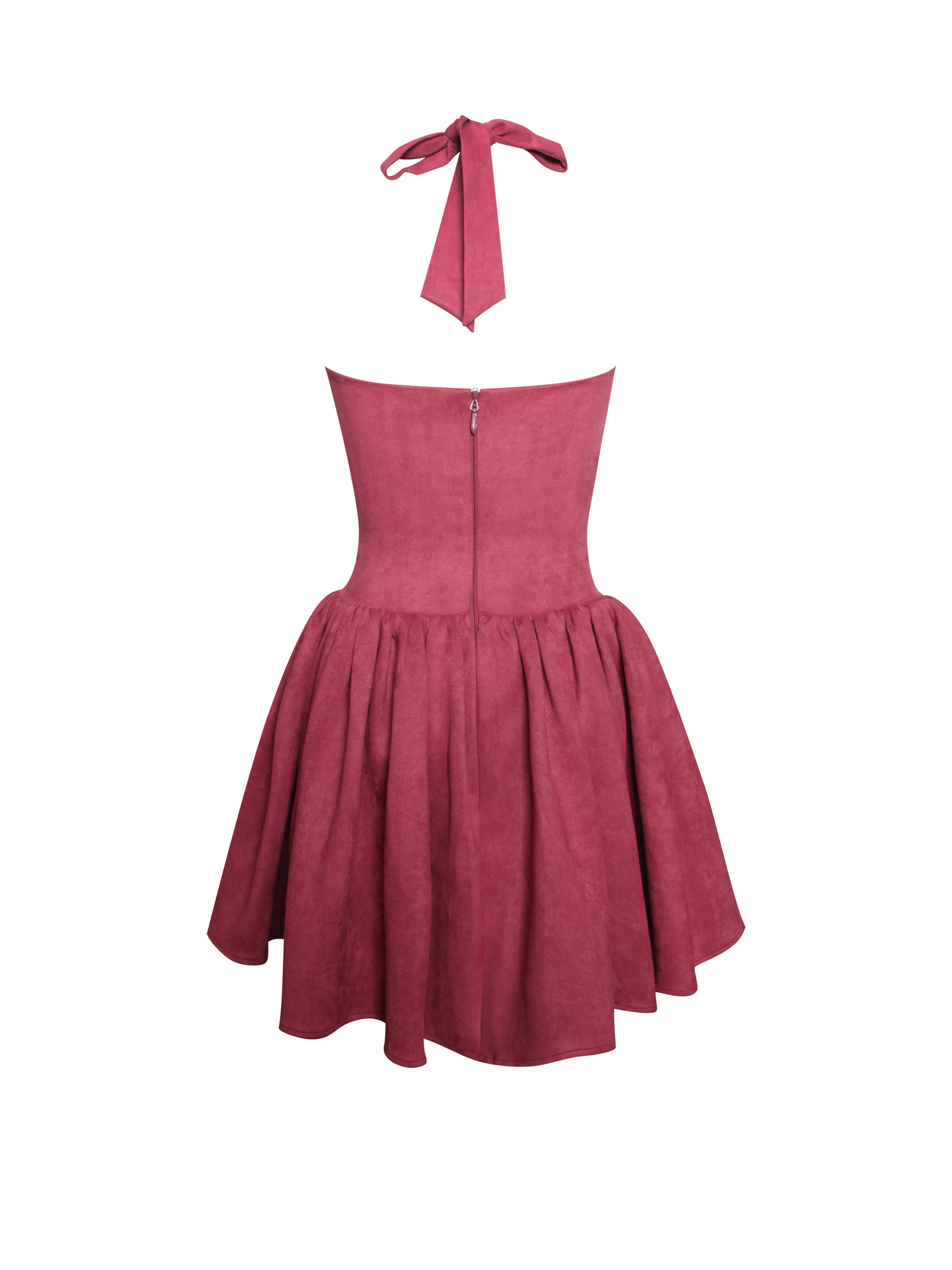 Hadara Burgundy Suede Halter Mini Full Dress