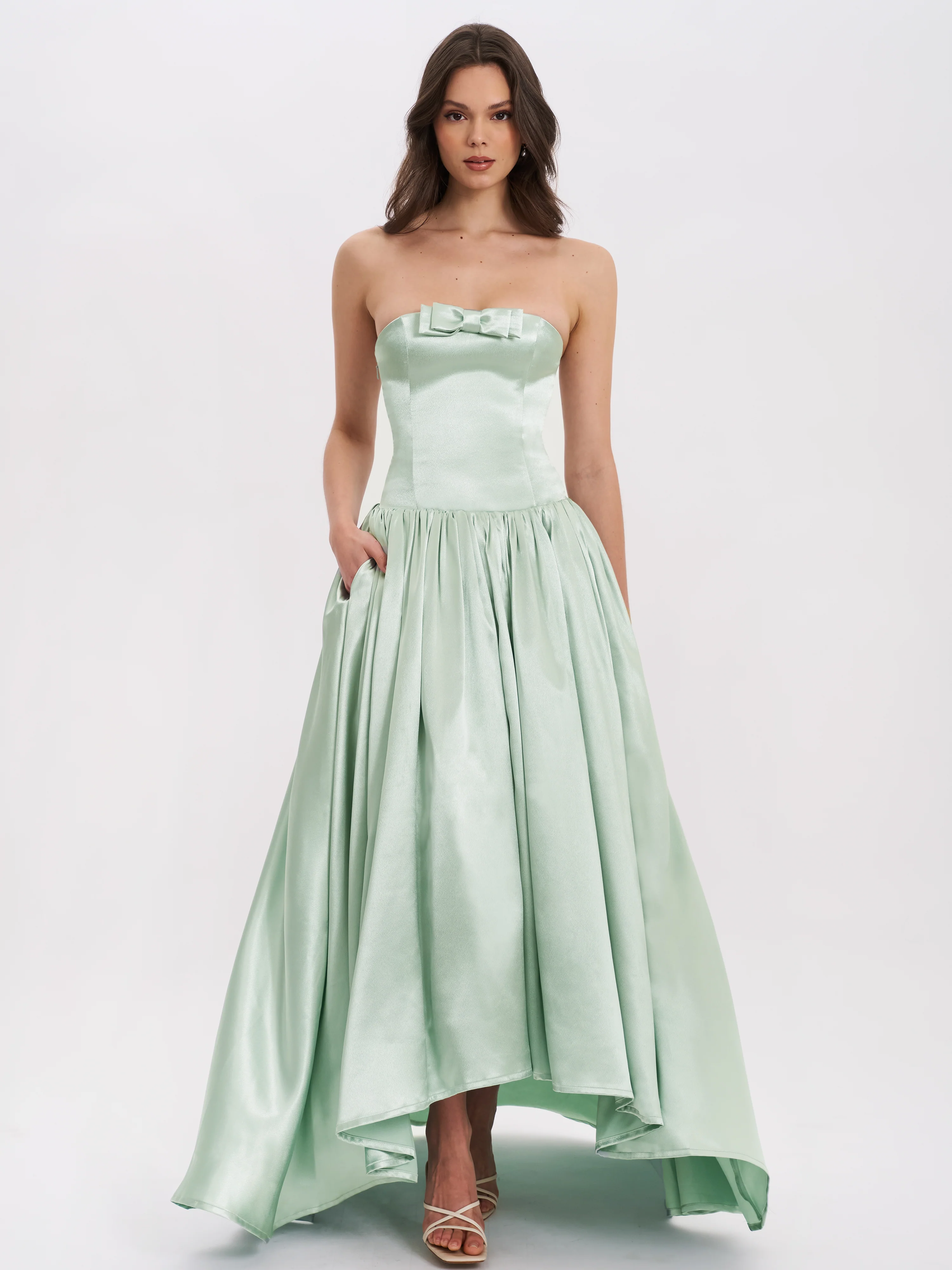 Lael Mint Green Back Button Trailing Gown