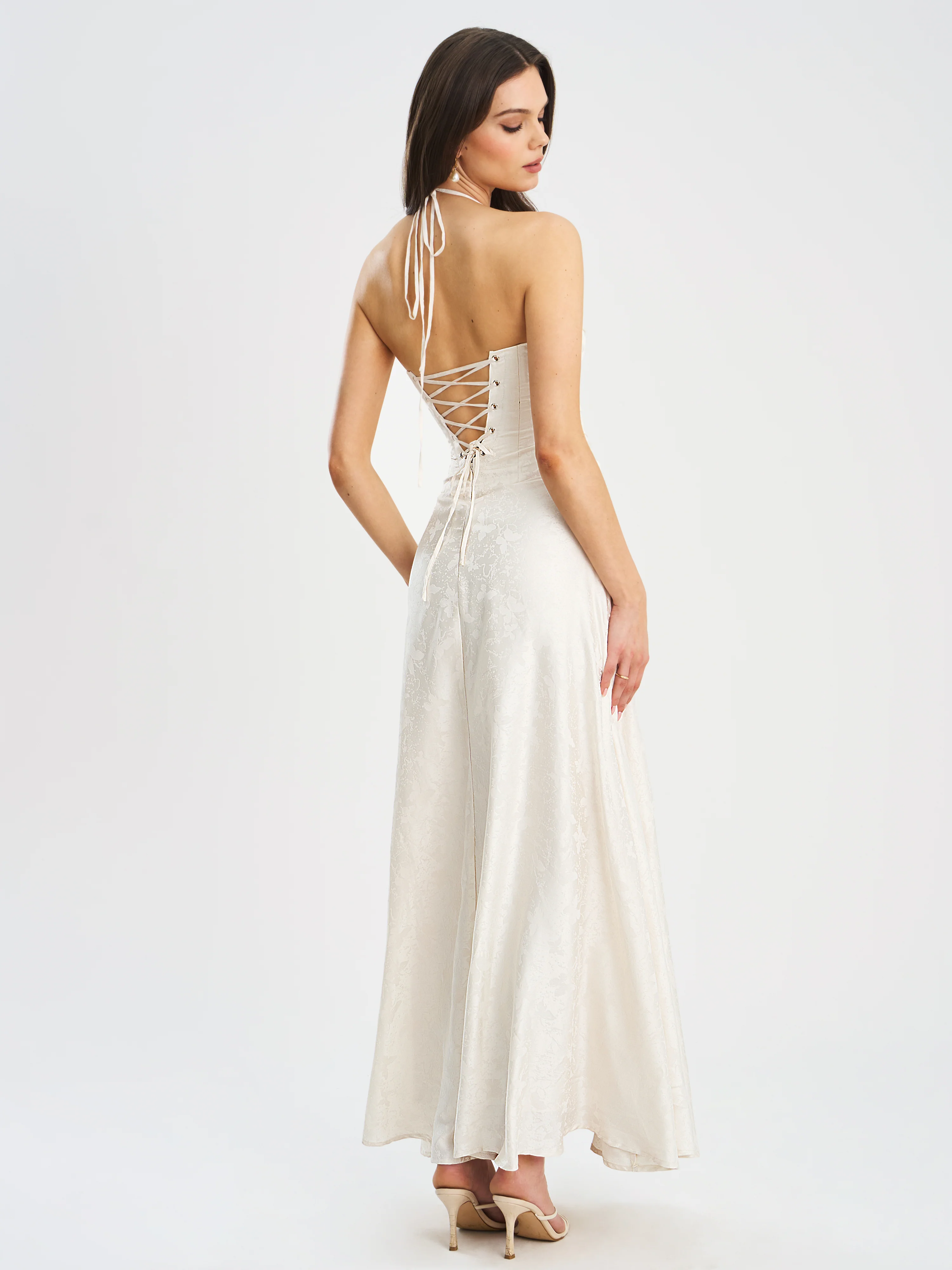 Raegan Pearl White Jacquard Rouched Maxi Dress