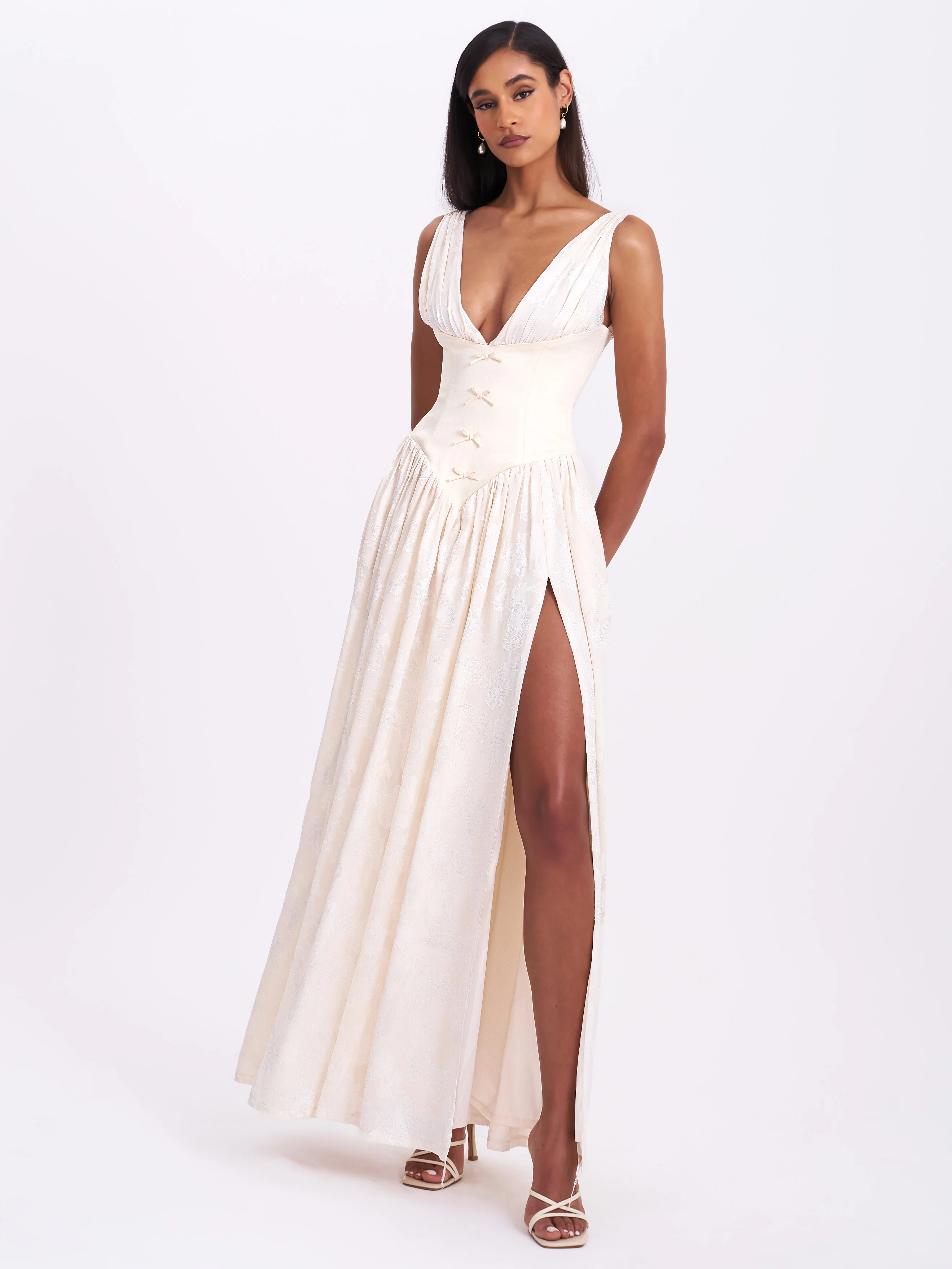 Sabrina Butter Yellow High Slit Jacquard Maxi Dress