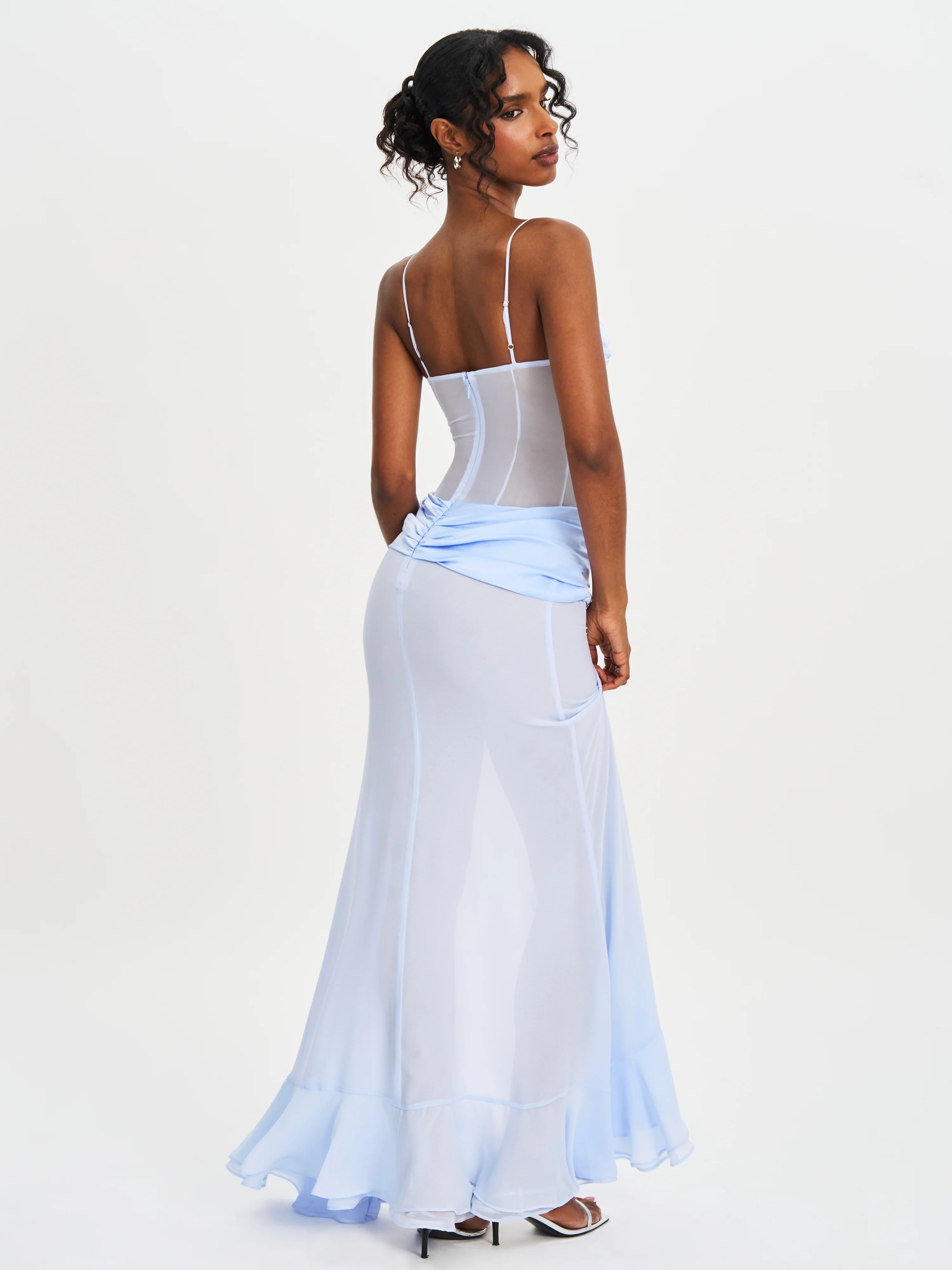 Lacy Blue Ruched Breast High Slit Chiffon Dress