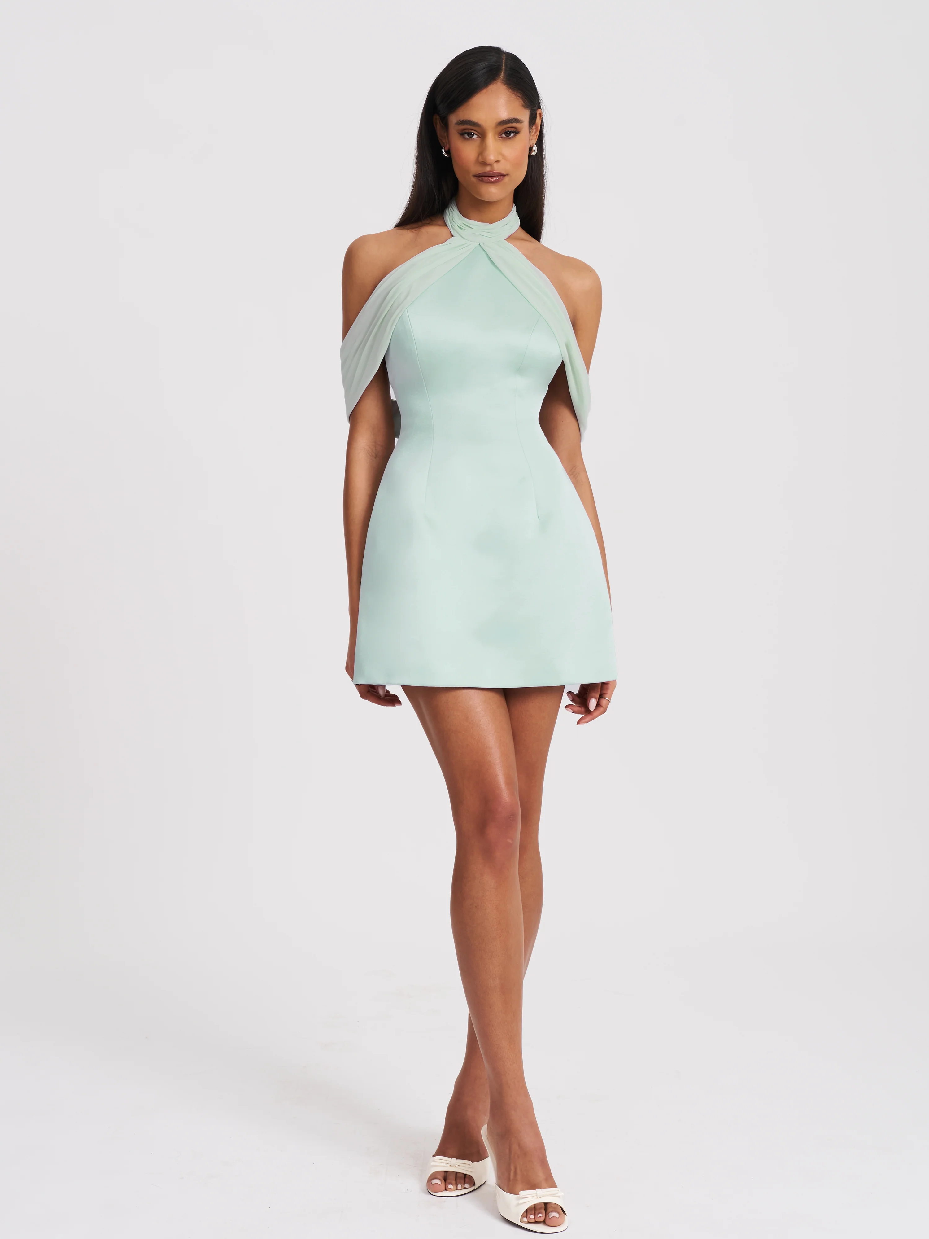 Zafrina Light Cyan Halter Off-shoulder Backless Mini Dress