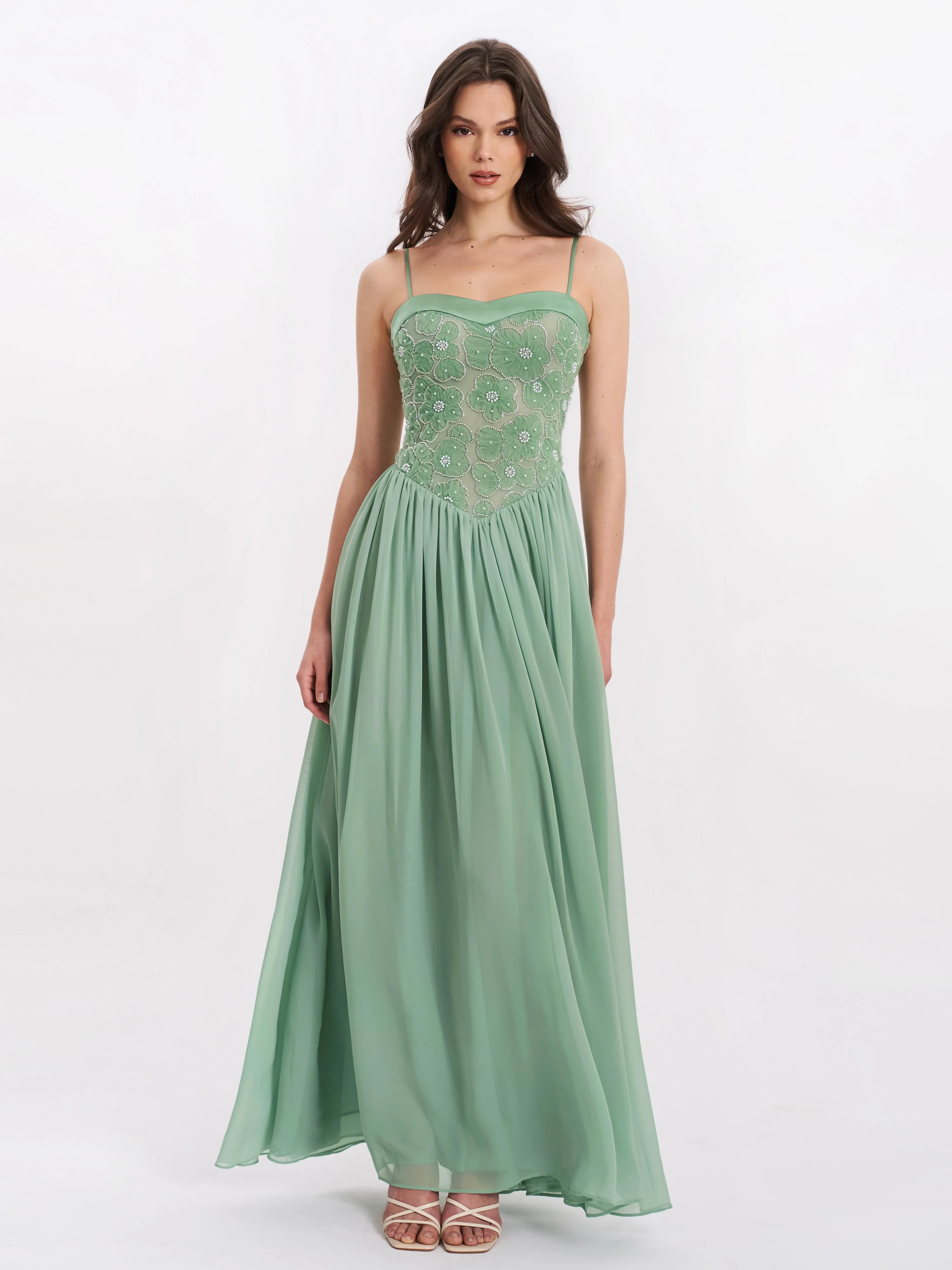 Ucille Sage Green Embroidered Chiffon Maxi Dress
