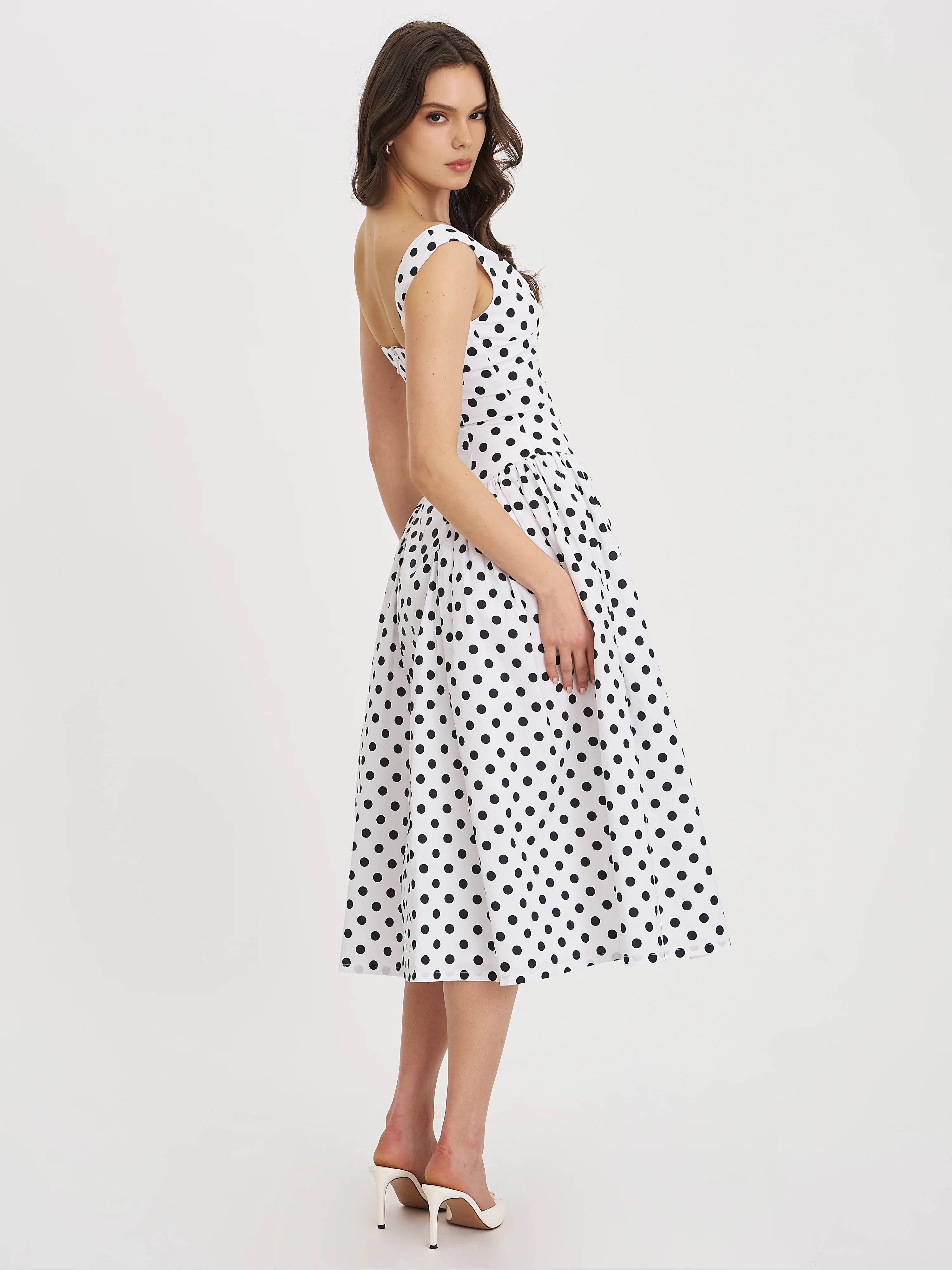 Rahma Polka Dot Drop Waist Midi Cotton Poplin Dress