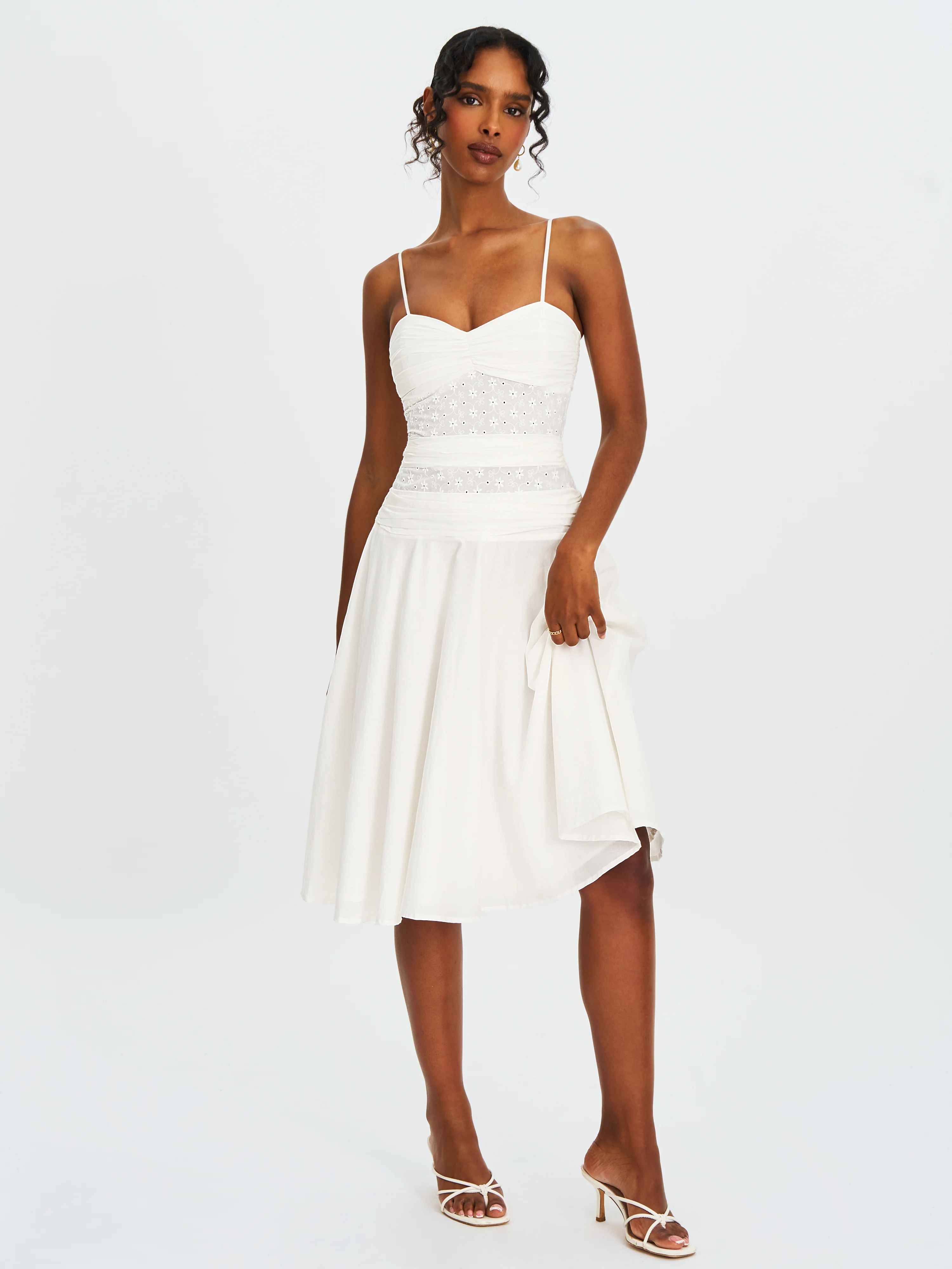 Maelis White Eyelet Drop Waist Cotton Midi Dress