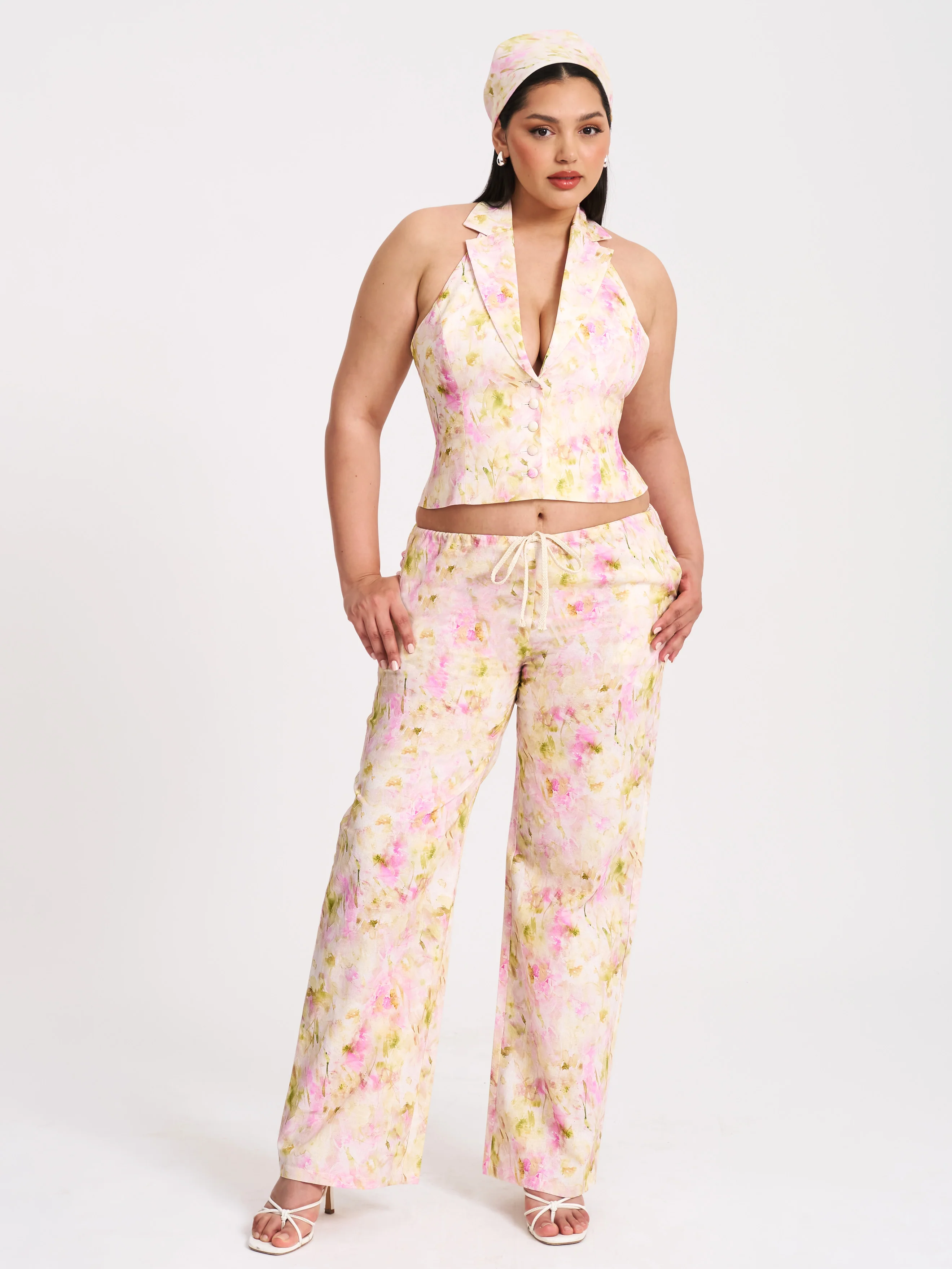 Laureen Pink Floral Print Linen Straight Pants