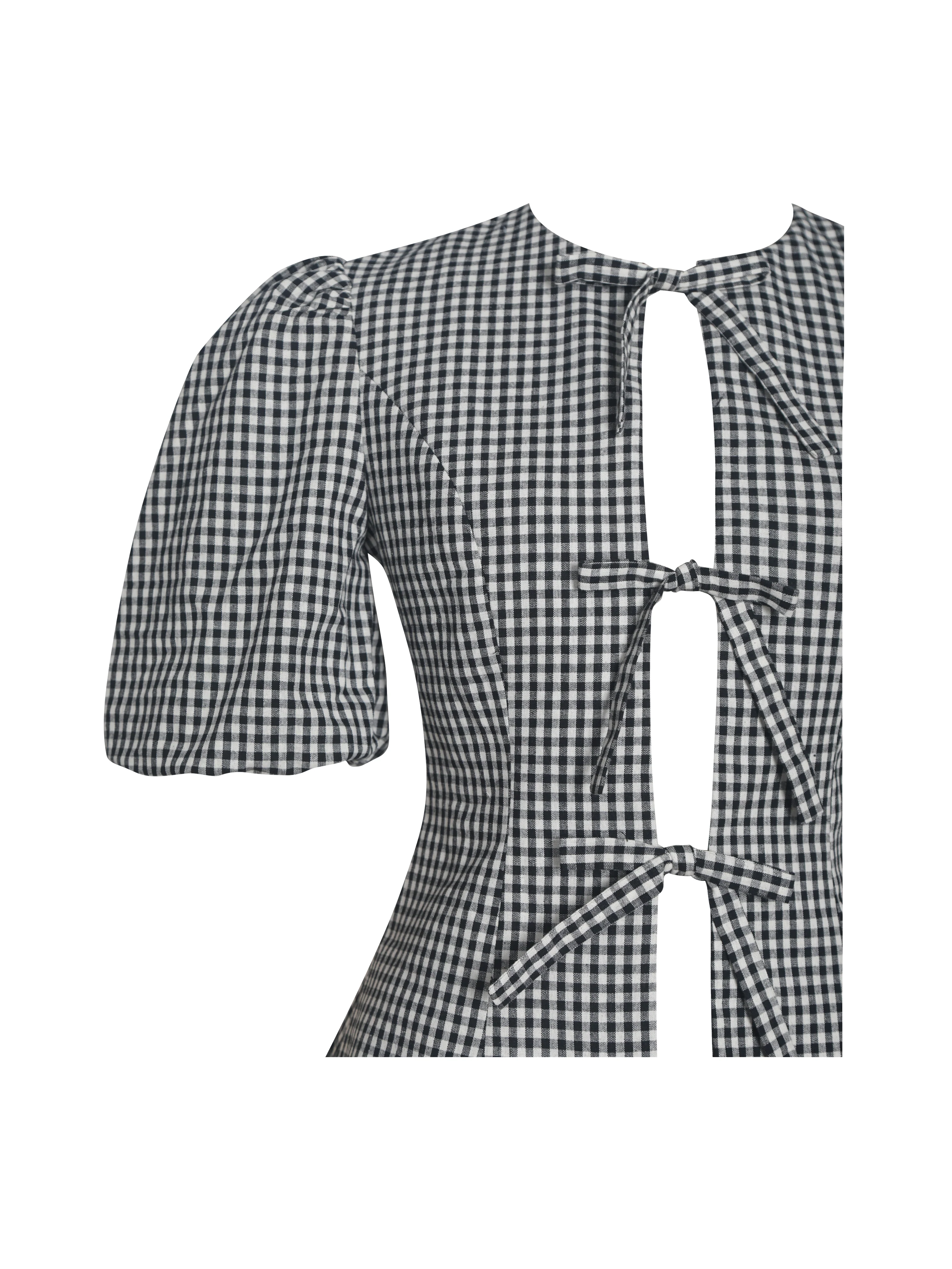 Qusayla Black Gingham Bubble Sleeve Bowtie Top